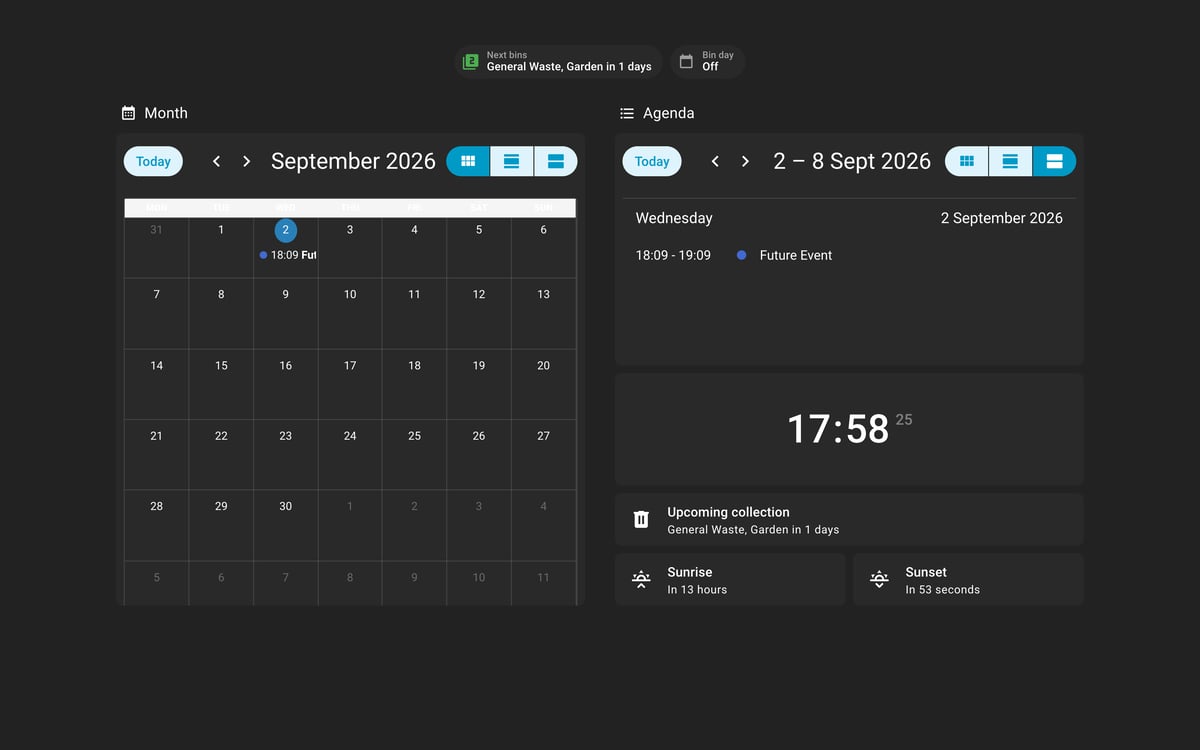 Home Assistant calendar lab dashboard running the Slate theme (Dark), on desktop