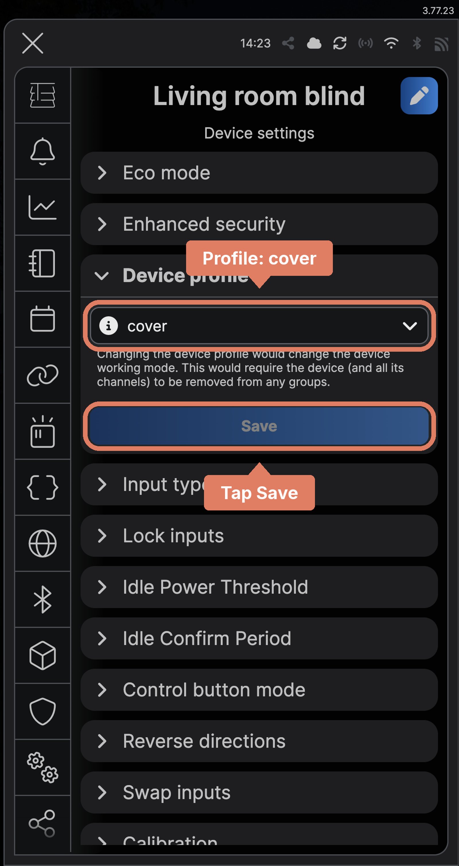 Shelly app Device settings for a Shelly 2PM Gen4 named Living room blind, with the cover profile labelled and Save marked.