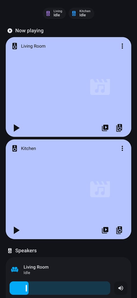Home Assistant media lab dashboard running the Material You theme (Dark), on a phone