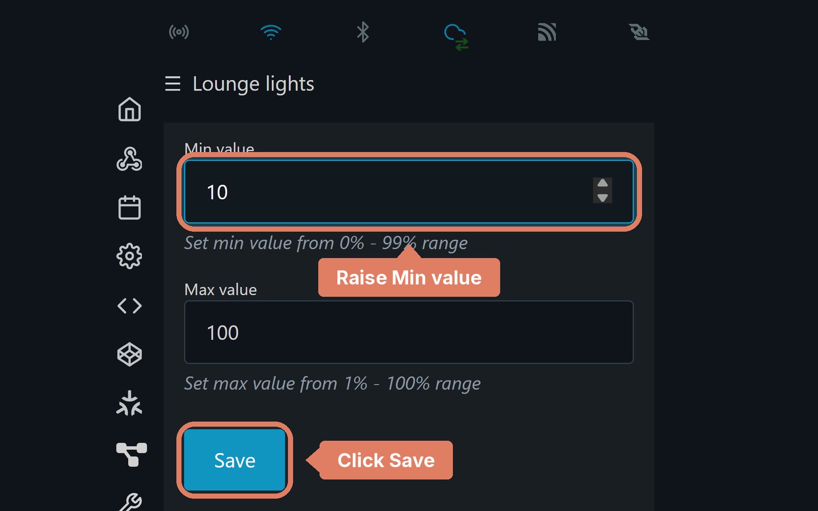 The Shelly Dimmer Gen4 web page's Min/Max brightness, with Min value and Save marked
