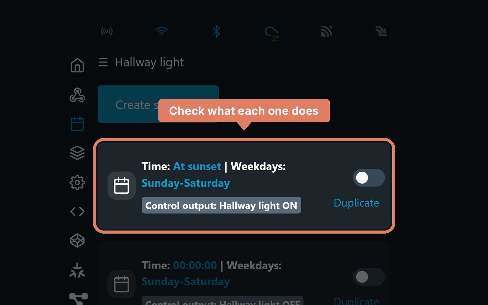 The Shelly web page's Schedules list, with a schedule and its action marked