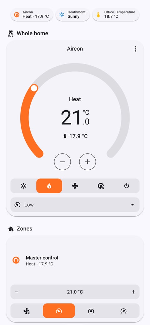 Home Assistant aircon lab dashboard running the Material You theme (Light), on a phone