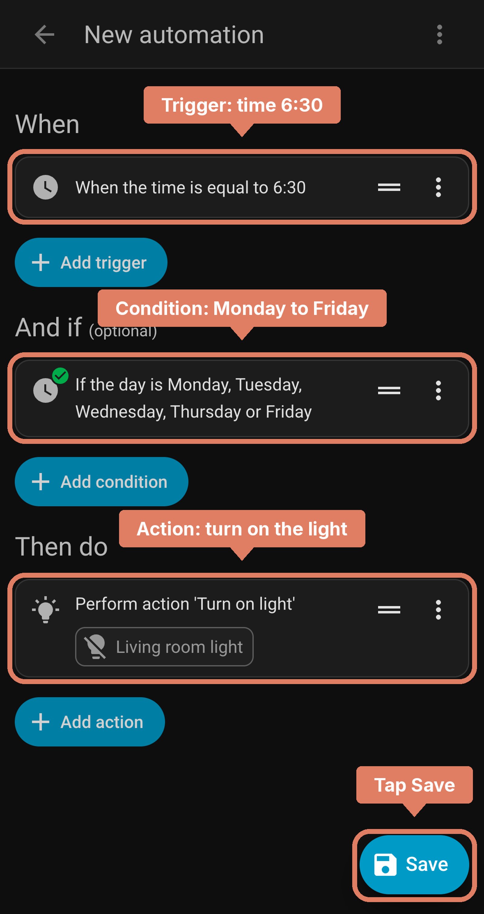 Home Assistant new automation before saving: when the time is 6:30, if the day is Monday to Friday, turn on Living room light, with each part labelled and Save marked.