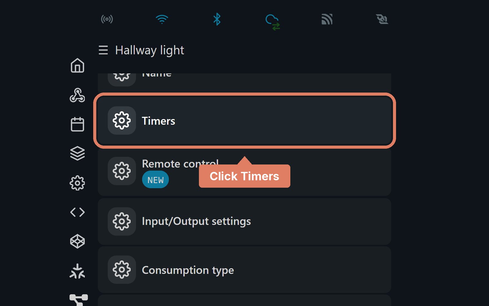 The Shelly web page's output settings, with Timers marked