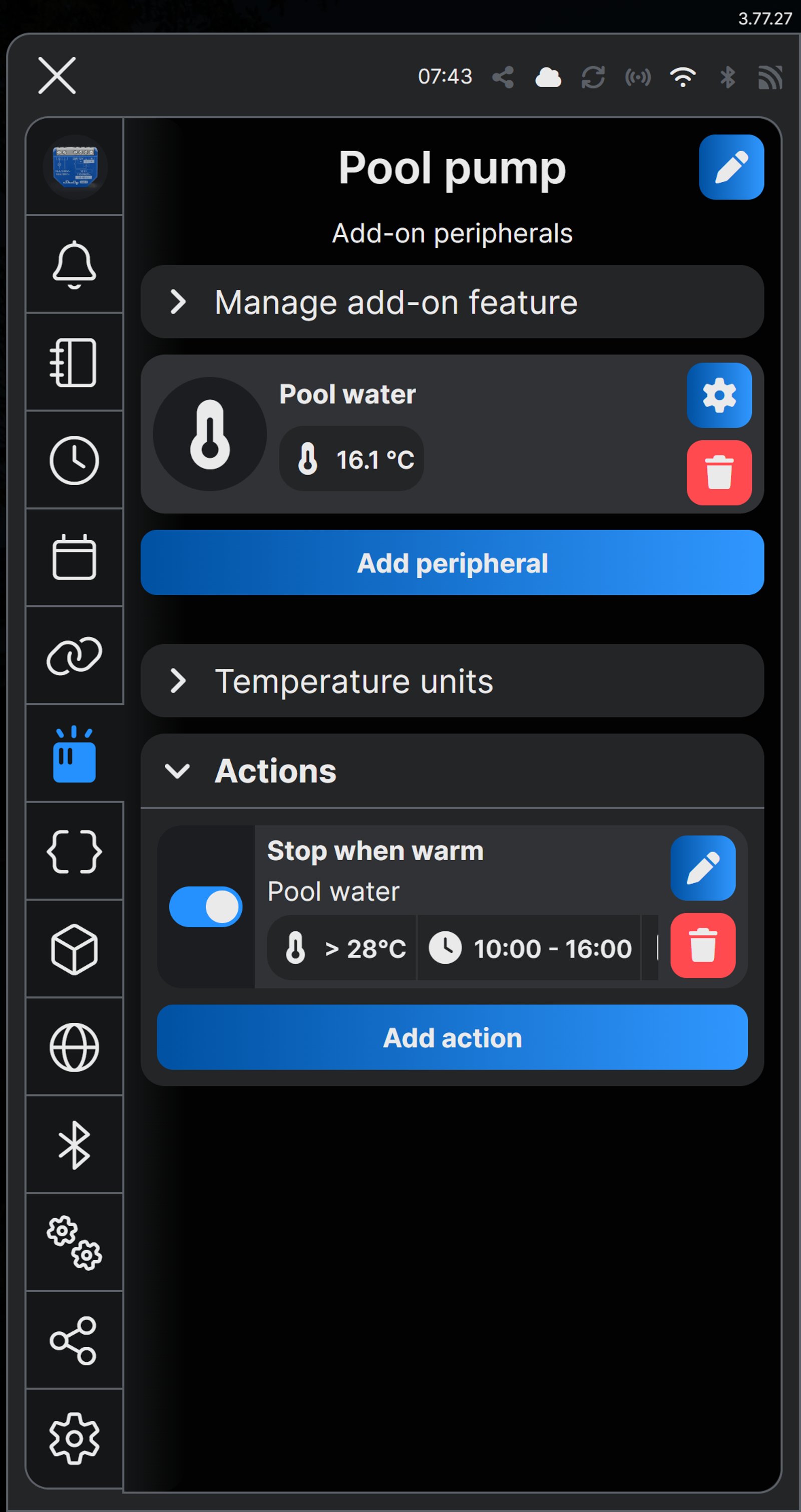 Shelly app Add-on peripherals screen for a Shelly relay named Pool pump, showing the Pool water temperature reading and an action named Stop when warm: above 28 °C, active 10:00 to 16:00.