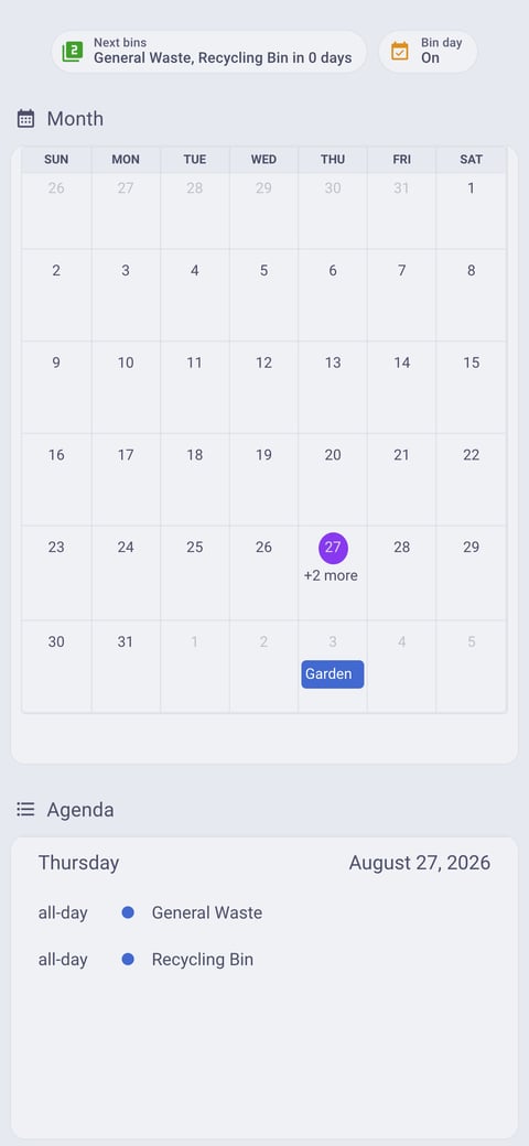 Home Assistant calendar lab dashboard running the Catppuccin theme (Latte), on a phone