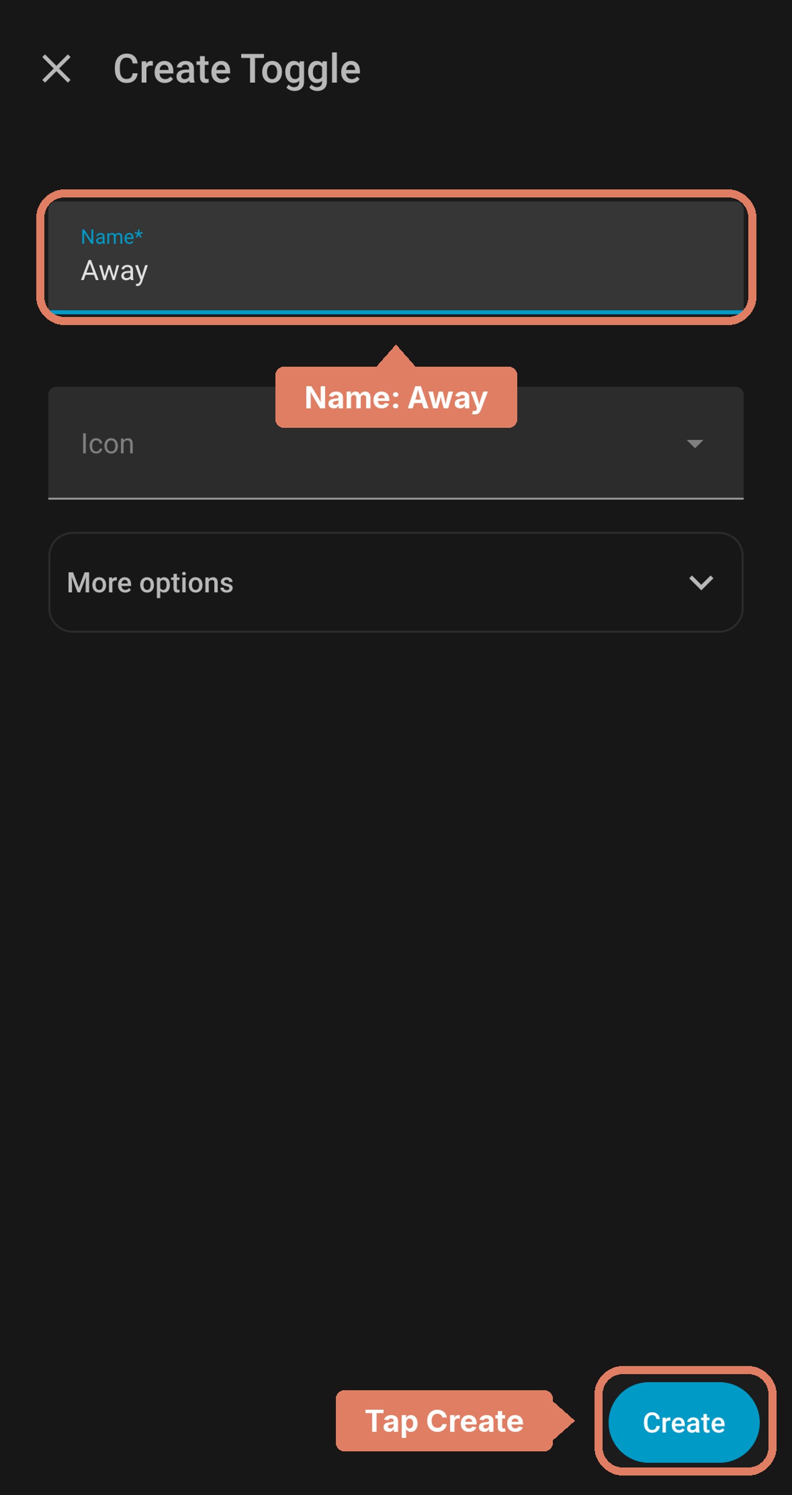 Home Assistant Create Toggle dialog with the name Away labelled and Create marked.