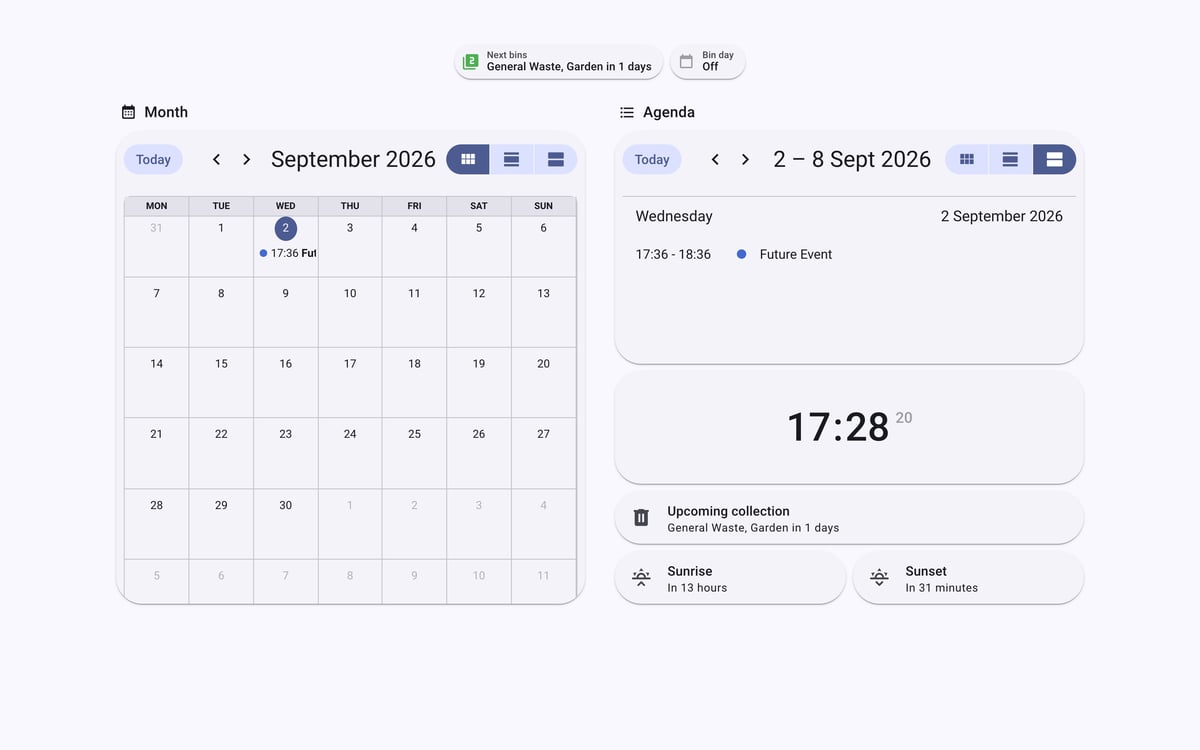 Home Assistant calendar lab dashboard running the Material You theme (Light), on desktop