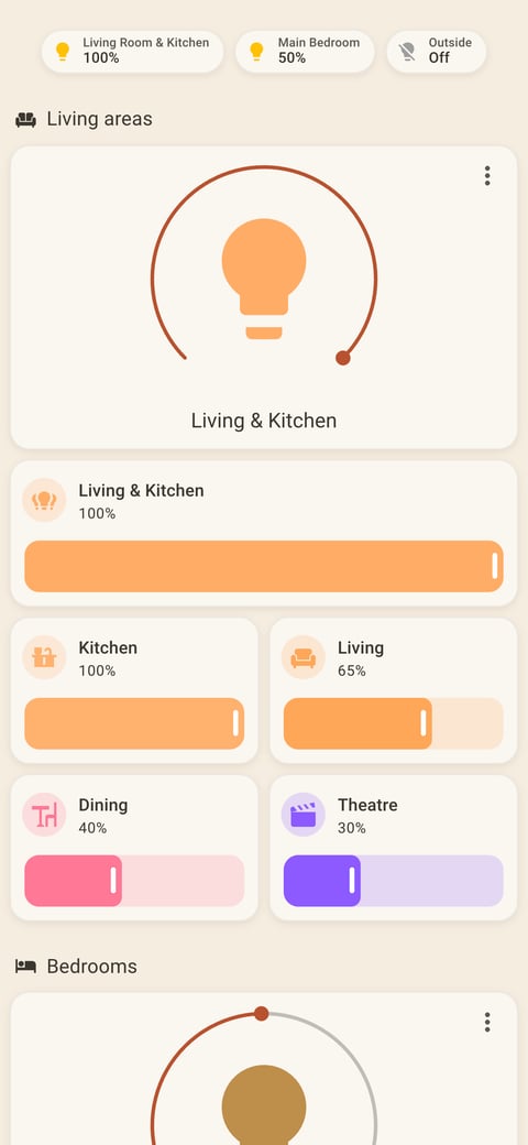 Home Assistant lights lab dashboard running the Warm Burnout theme (Light), on a phone