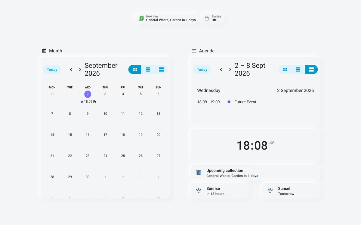Home Assistant calendar lab dashboard running the Soft theme (Light), on desktop
