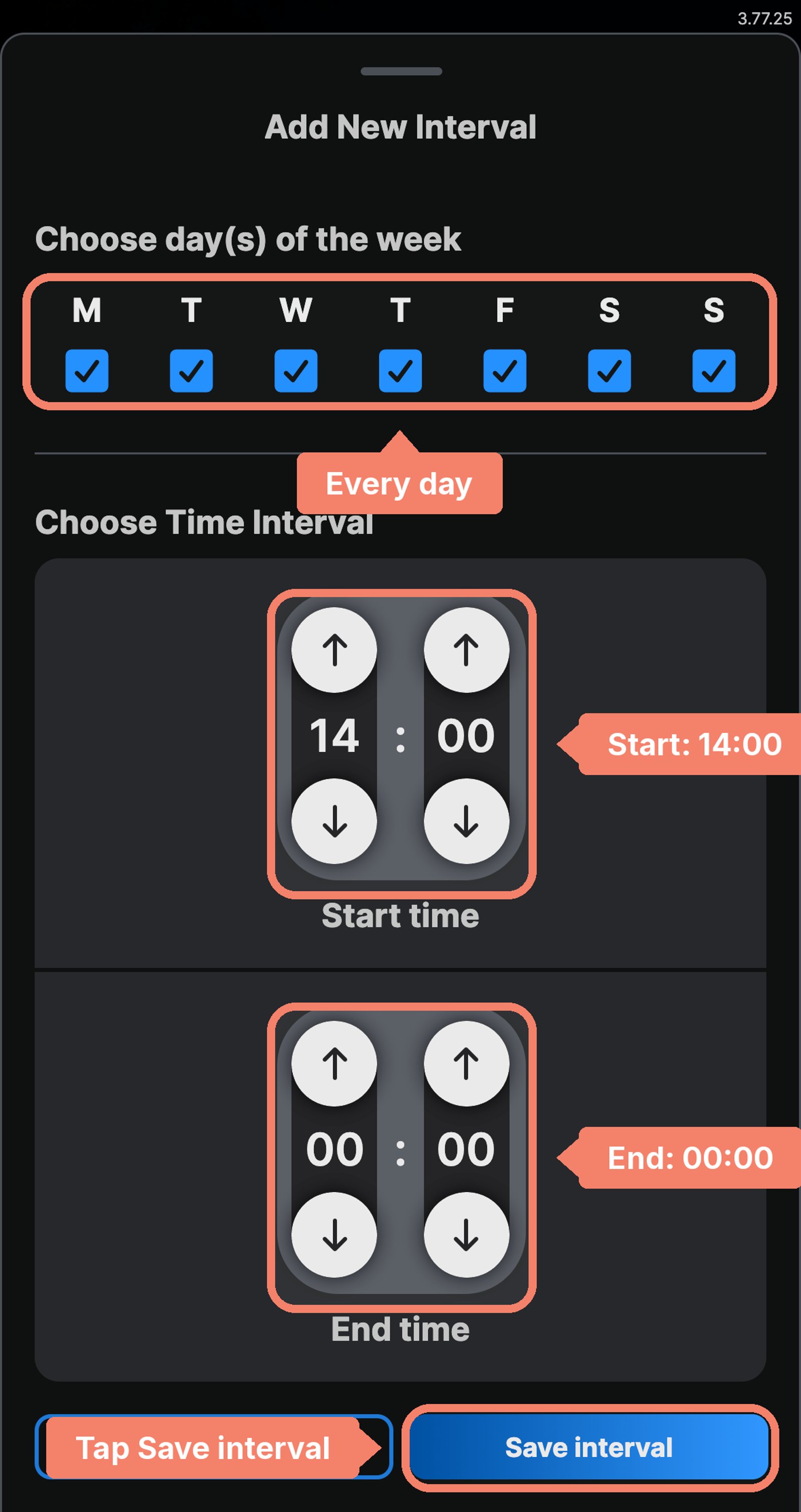 Shelly app Add New Interval dialog with every day ticked and 14:00 to 00:00 labelled, and the Save interval button marked.