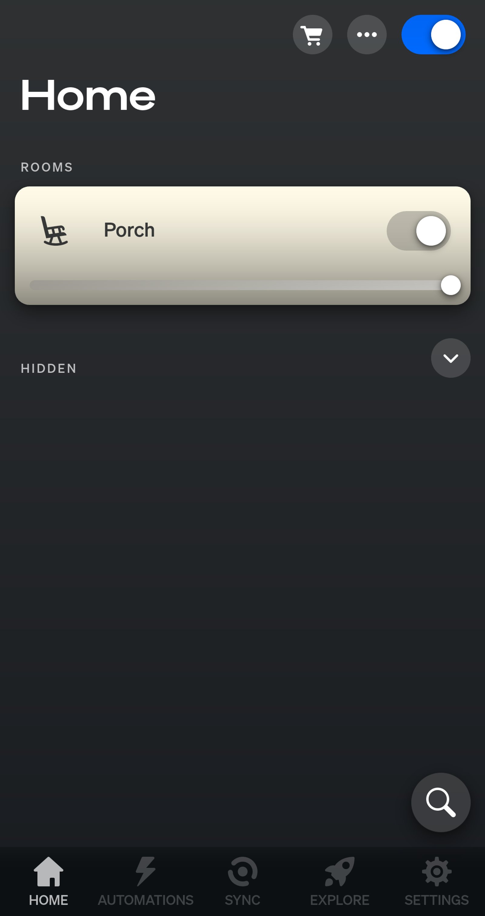 Philips Hue app home screen with a Porch room tile switched on.