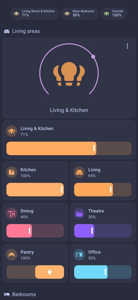 Home Assistant lights lab dashboard running the Catppuccin theme (Frappe), on a phone