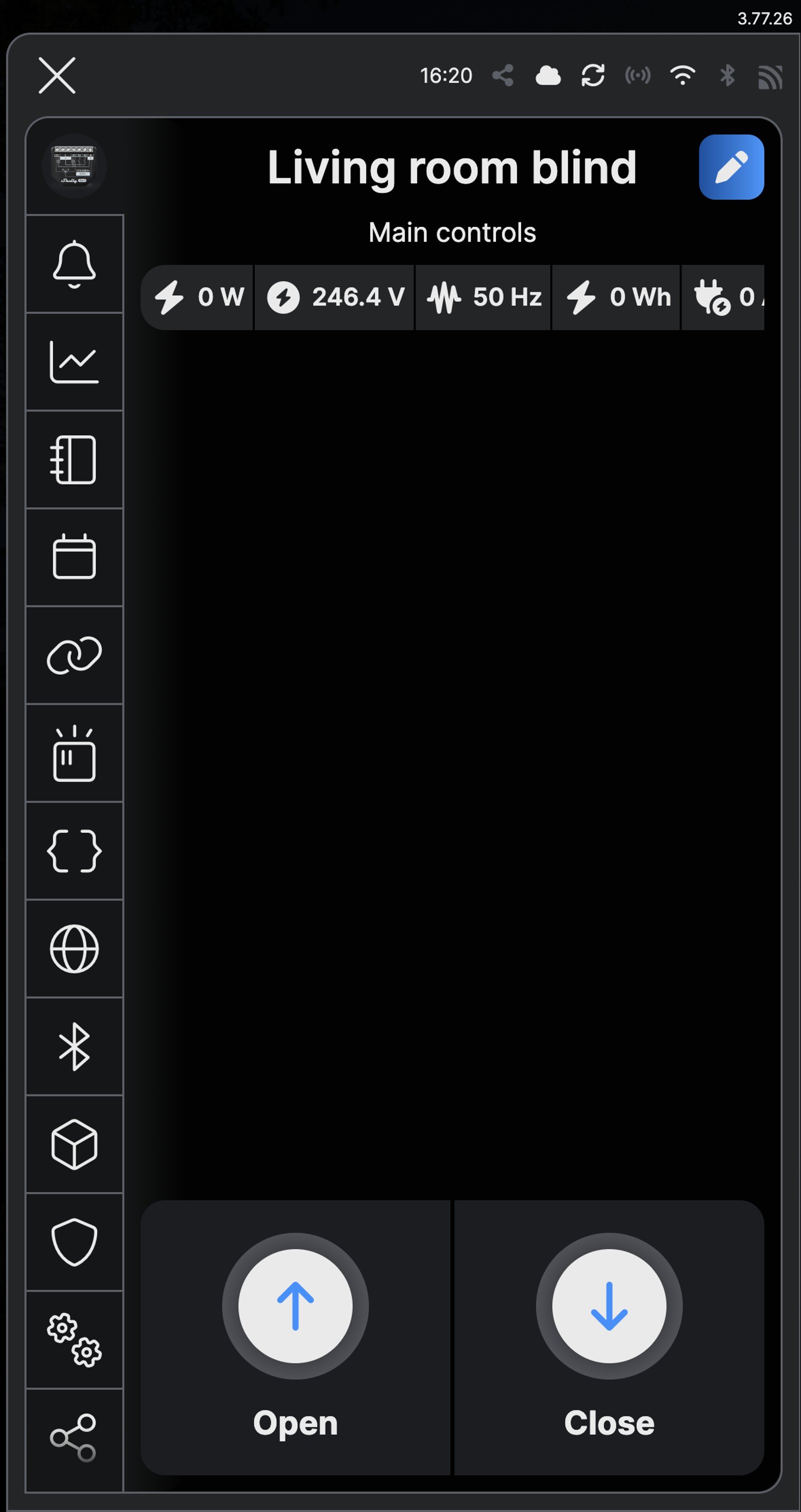 Shelly app main controls for a cover named Living room blind, with Open and Close buttons.