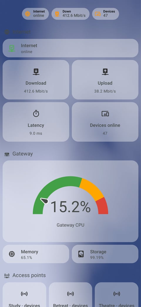 Home Assistant network lab dashboard running the iOS Themes theme (Light), on a phone