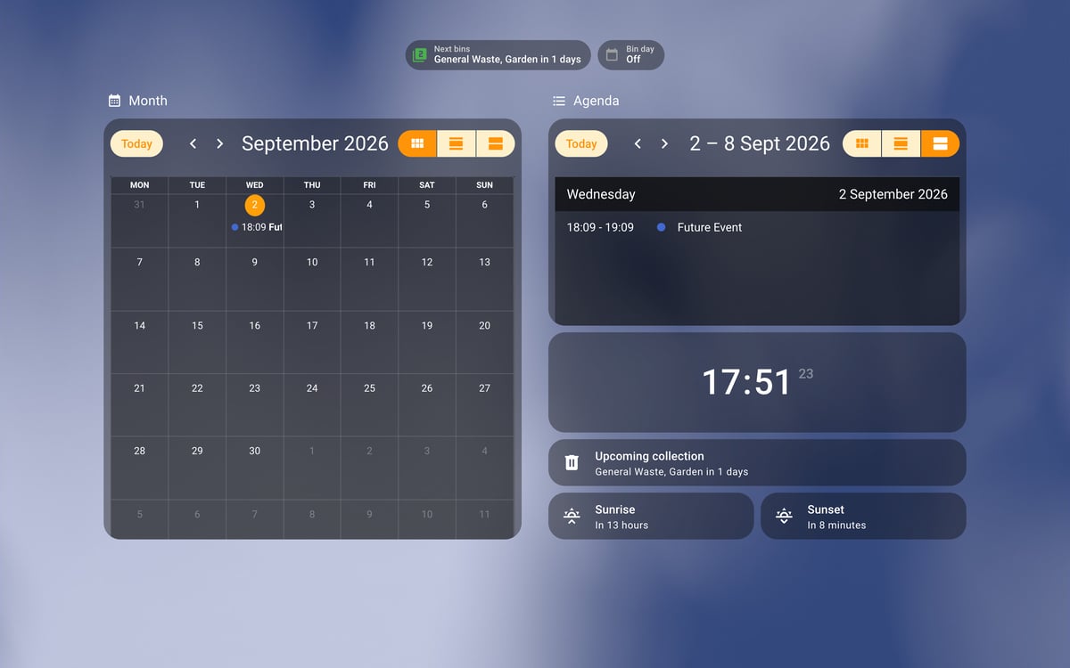 Home Assistant calendar lab dashboard running the iOS Themes theme (Dark), on desktop