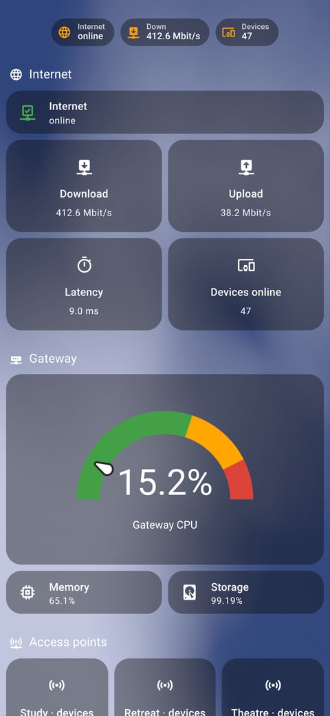 Home Assistant network lab dashboard running the iOS Themes theme (Dark), on a phone