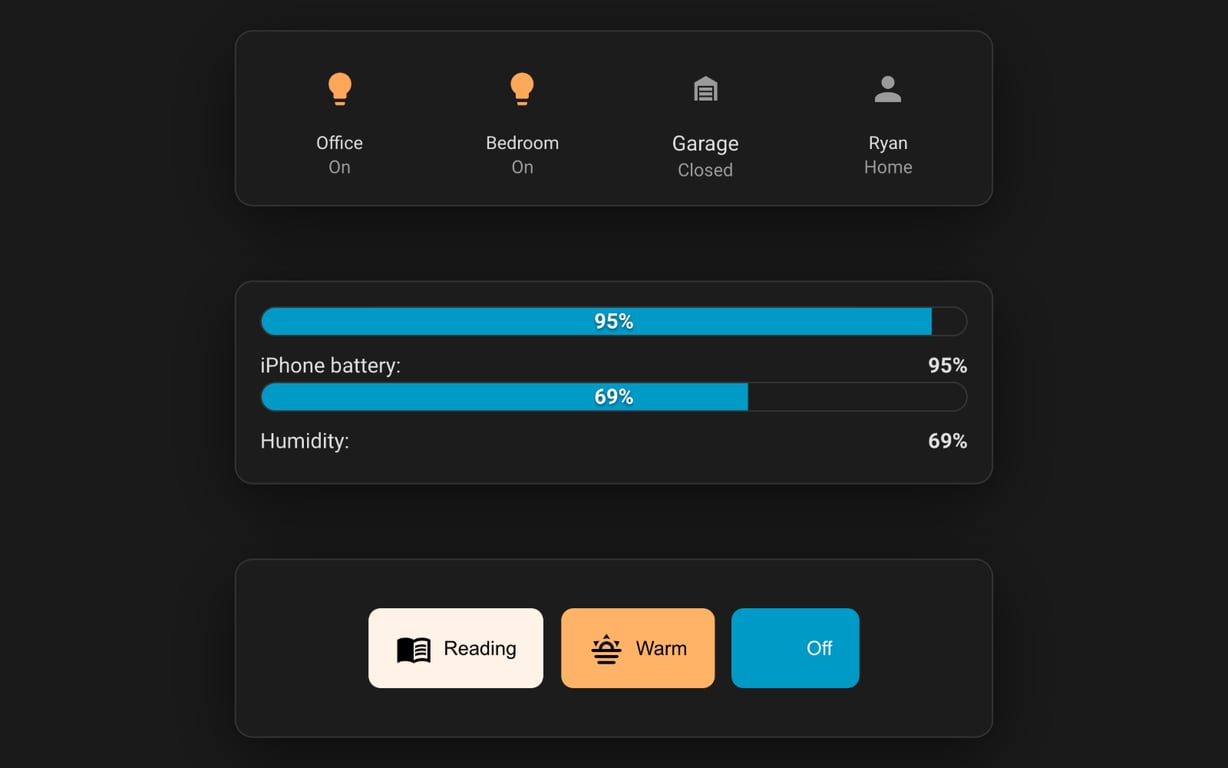 Three Ultra Card modules for Home Assistant: an icon row, progress bars and light preset buttons