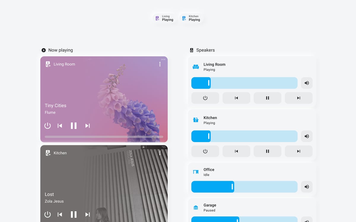 Home Assistant media lab dashboard running the Soft theme (Light), on desktop