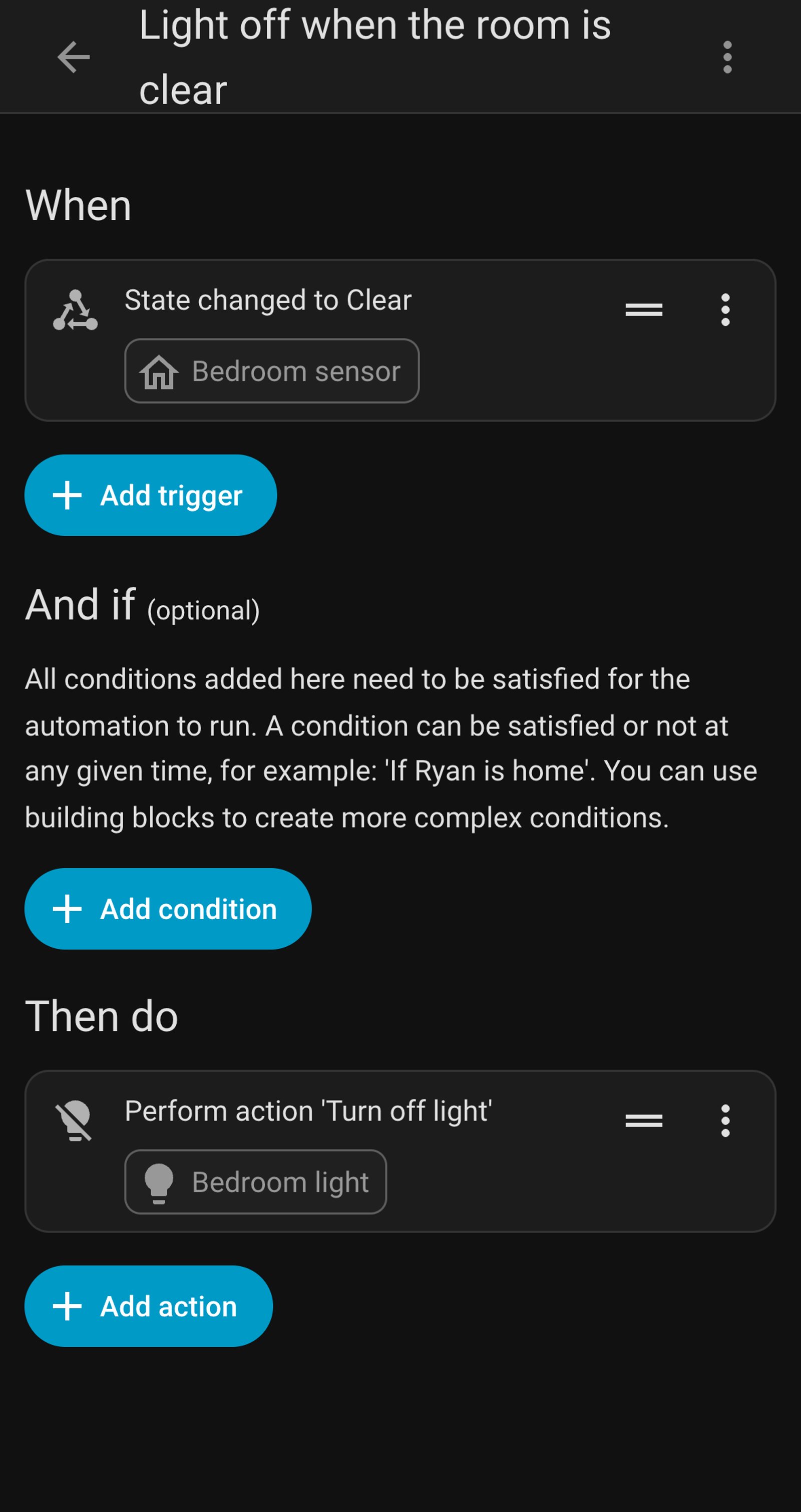Home Assistant automation Light off when the room is clear, triggered when Bedroom sensor changes to clear and turning off Bedroom light.