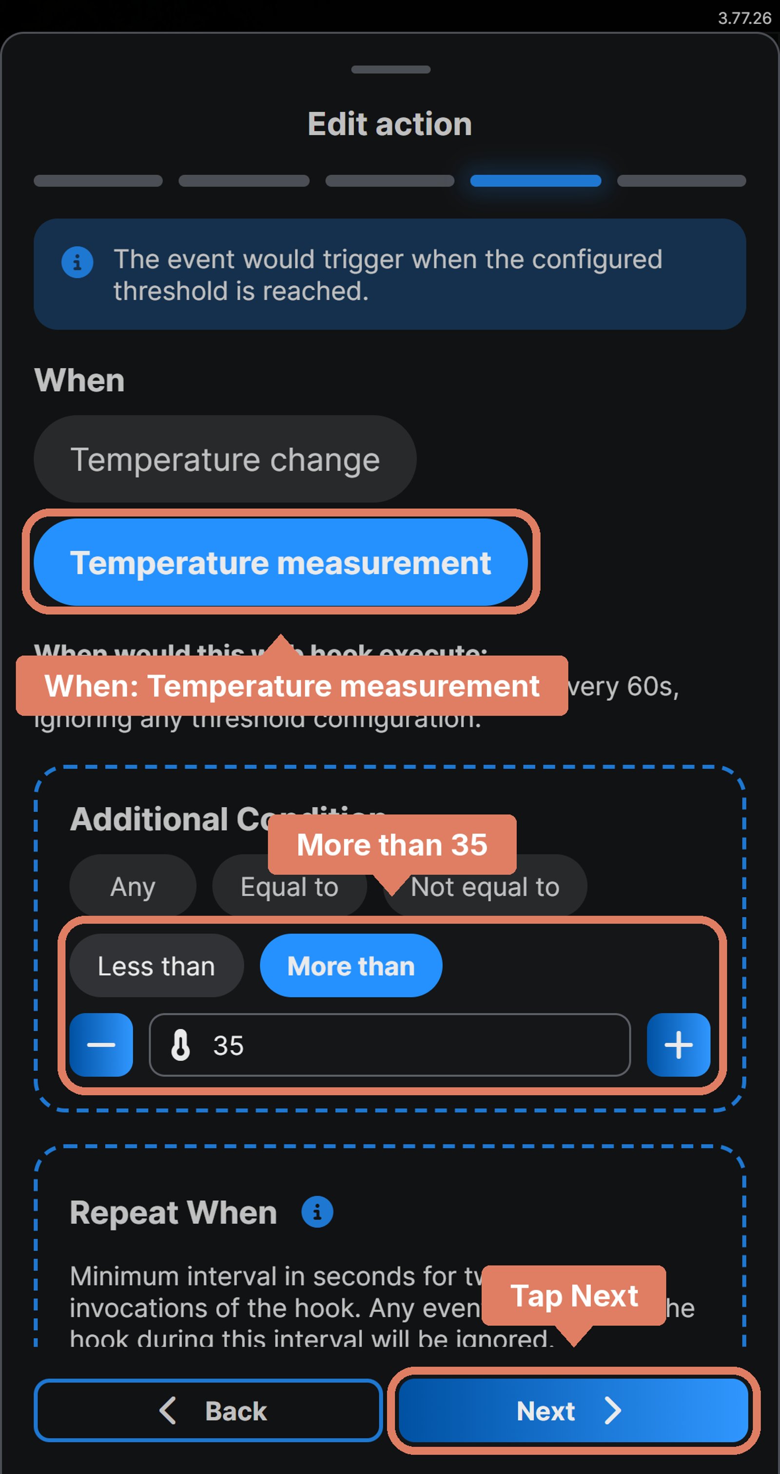 Shelly app Edit action for Fan on when hot, with When set to Temperature measurement, the condition More than 35 labelled and Next marked.
