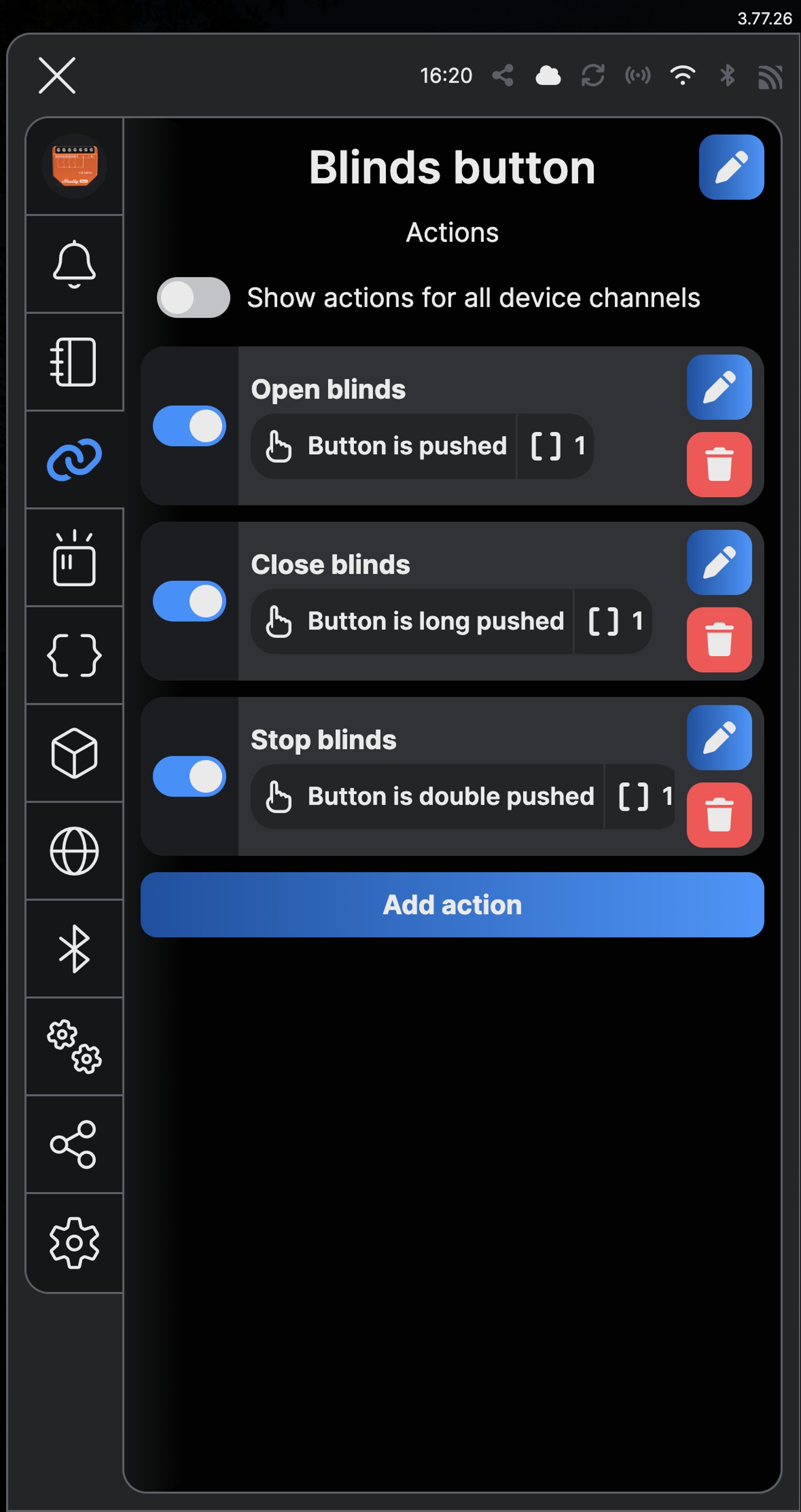 Shelly app Actions for Blinds button: Open blinds on a push, Close blinds on a long push and Stop blinds on a double push.
