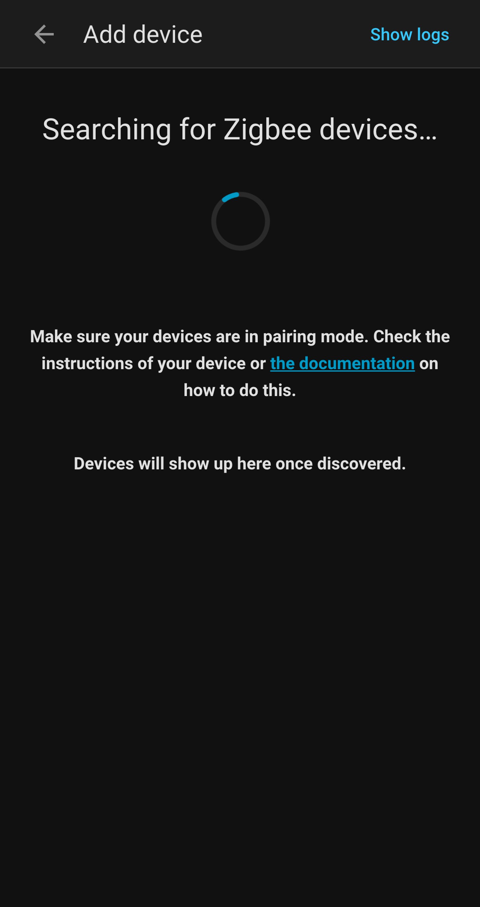 Home Assistant Add device screen searching for Zigbee devices, asking for devices to be put in pairing mode.