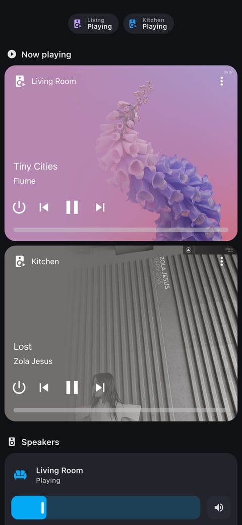 Home Assistant media lab dashboard running the Graphite theme (Dark), on a phone