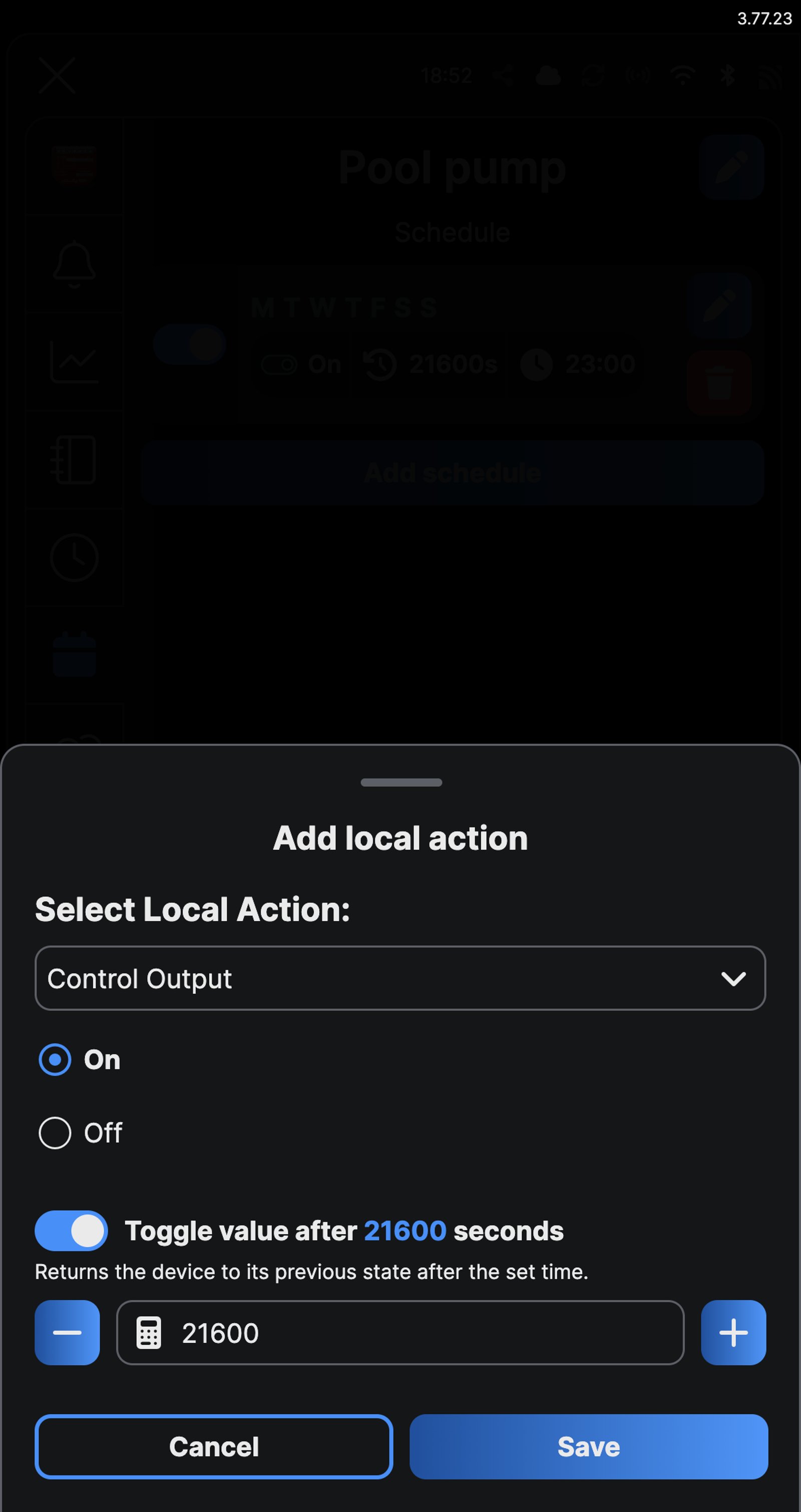 Shelly app Add local action screen for a Shelly 1PM Gen4 named Pool pump: Control Output On, with Toggle value after set to 21600 seconds.