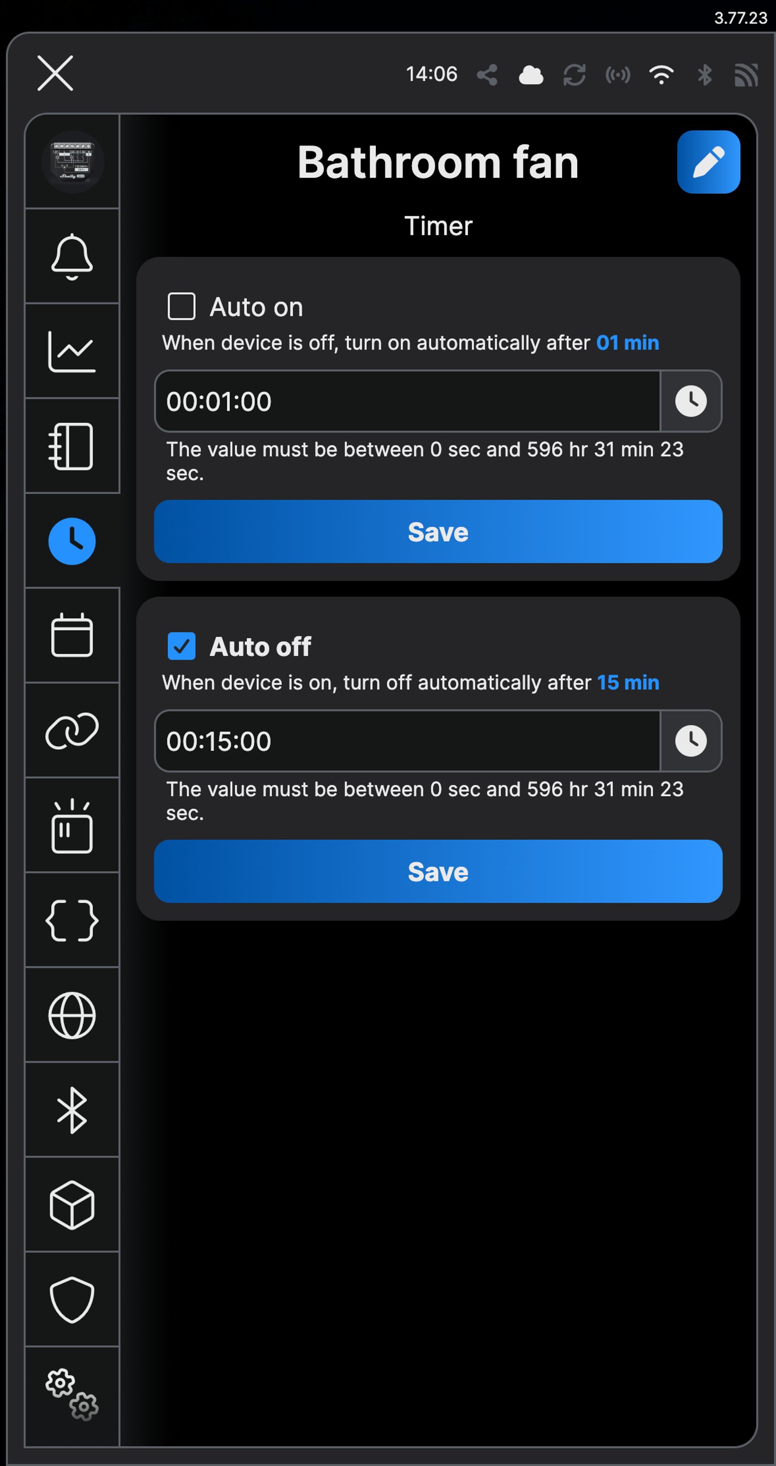 Shelly app timer screen for a device named Bathroom fan, with auto off set to 15 minutes.