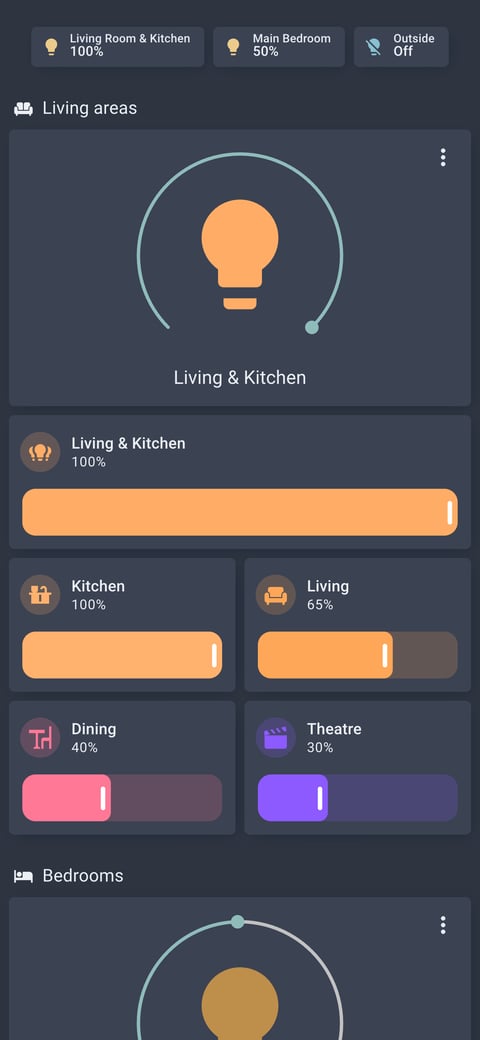 Home Assistant lights lab dashboard running the Nordic theme (Dark), on a phone