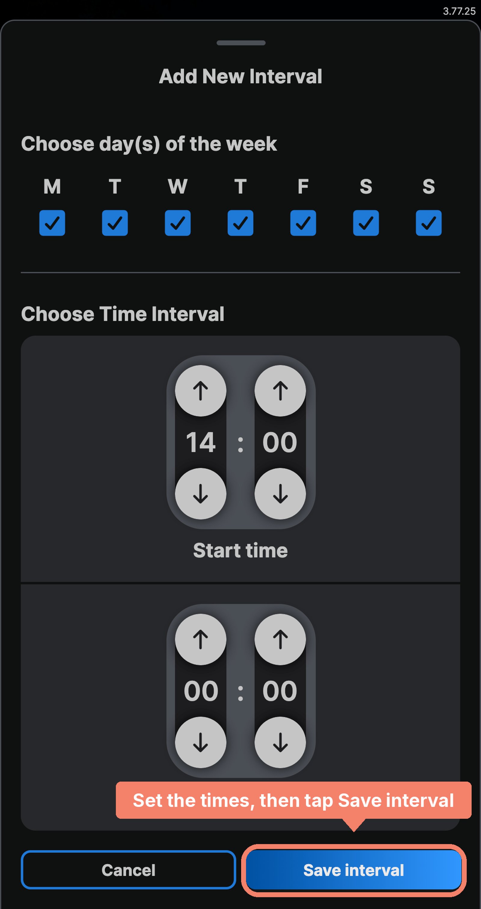 Shelly app Add New Interval dialog with a start time of 14:00 and an end time of 00:00, and the Save interval button marked.