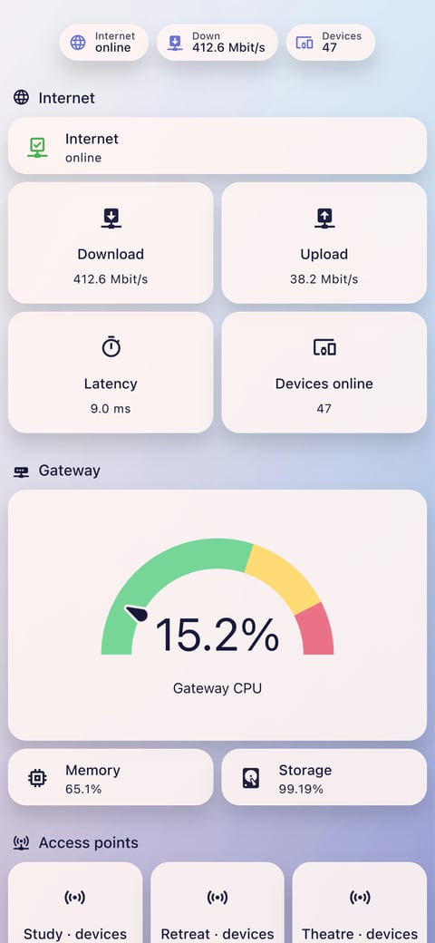 Home Assistant network lab dashboard running the Frosted Glass theme (Lite light), on a phone