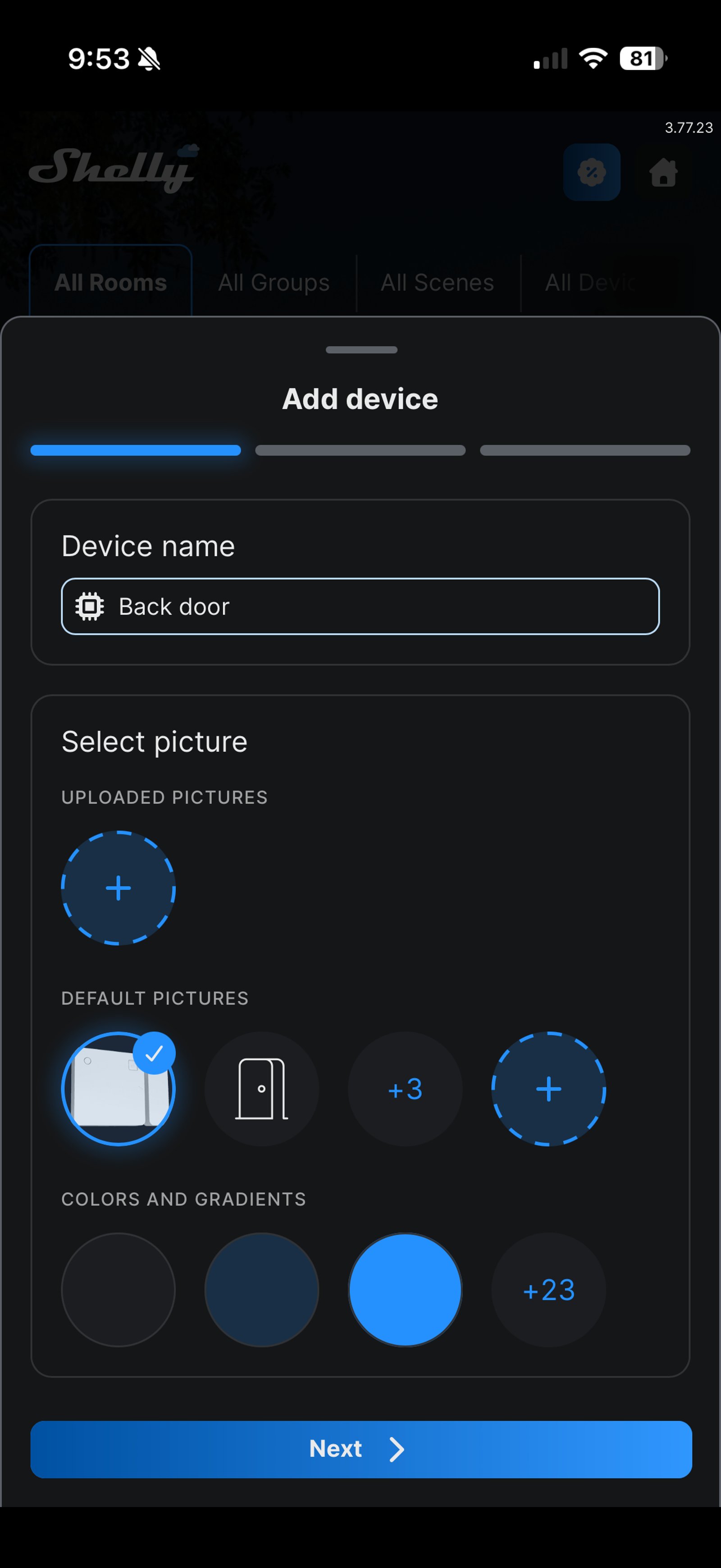 Shelly Smart Control screen for naming the new sensor, with Back door in the Device name field and the default door sensor picture selected