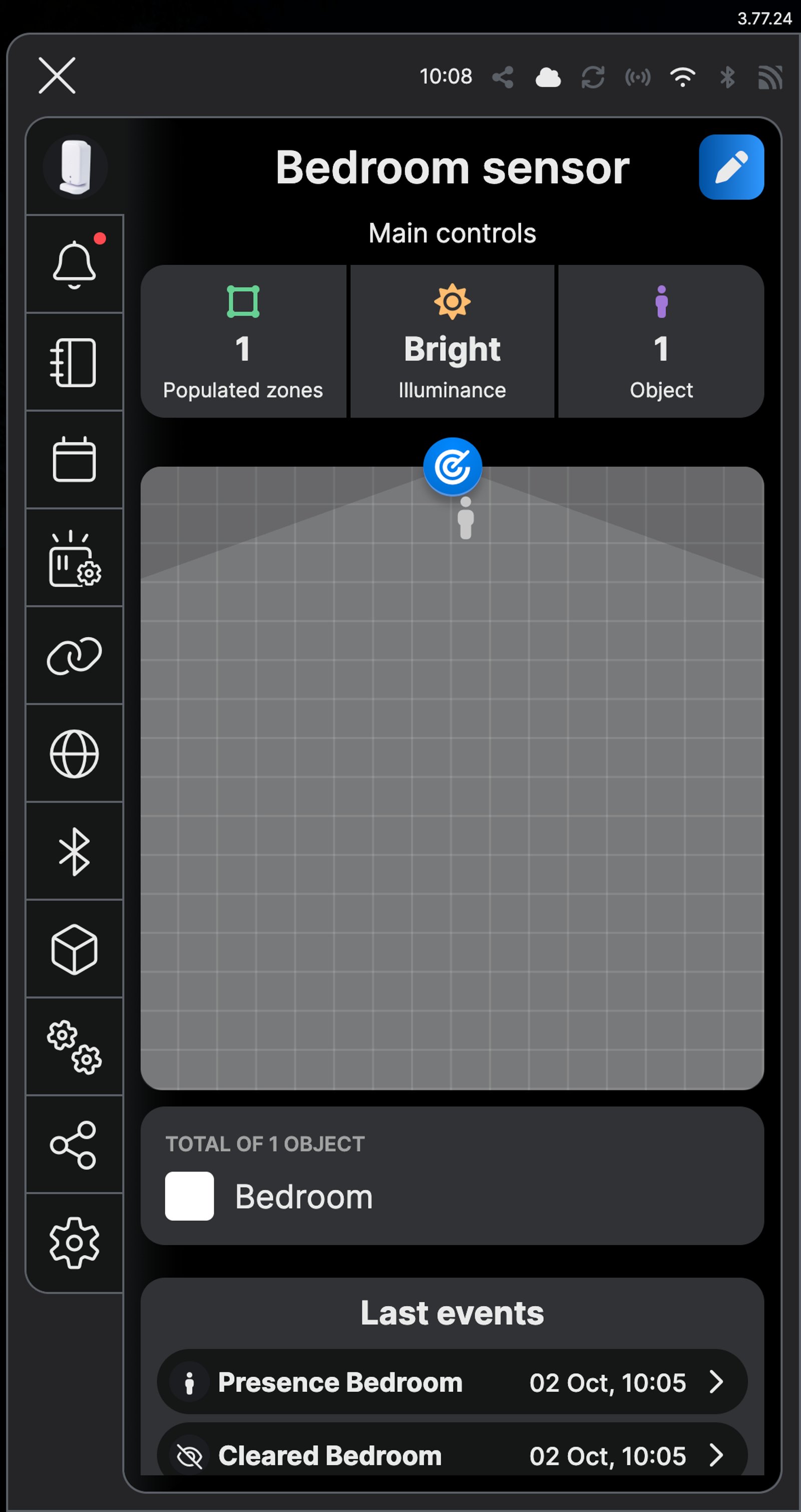 Shelly app main controls for a Shelly Presence Gen4 named Bedroom sensor, showing one person detected in the Bedroom zone and recent presence events.