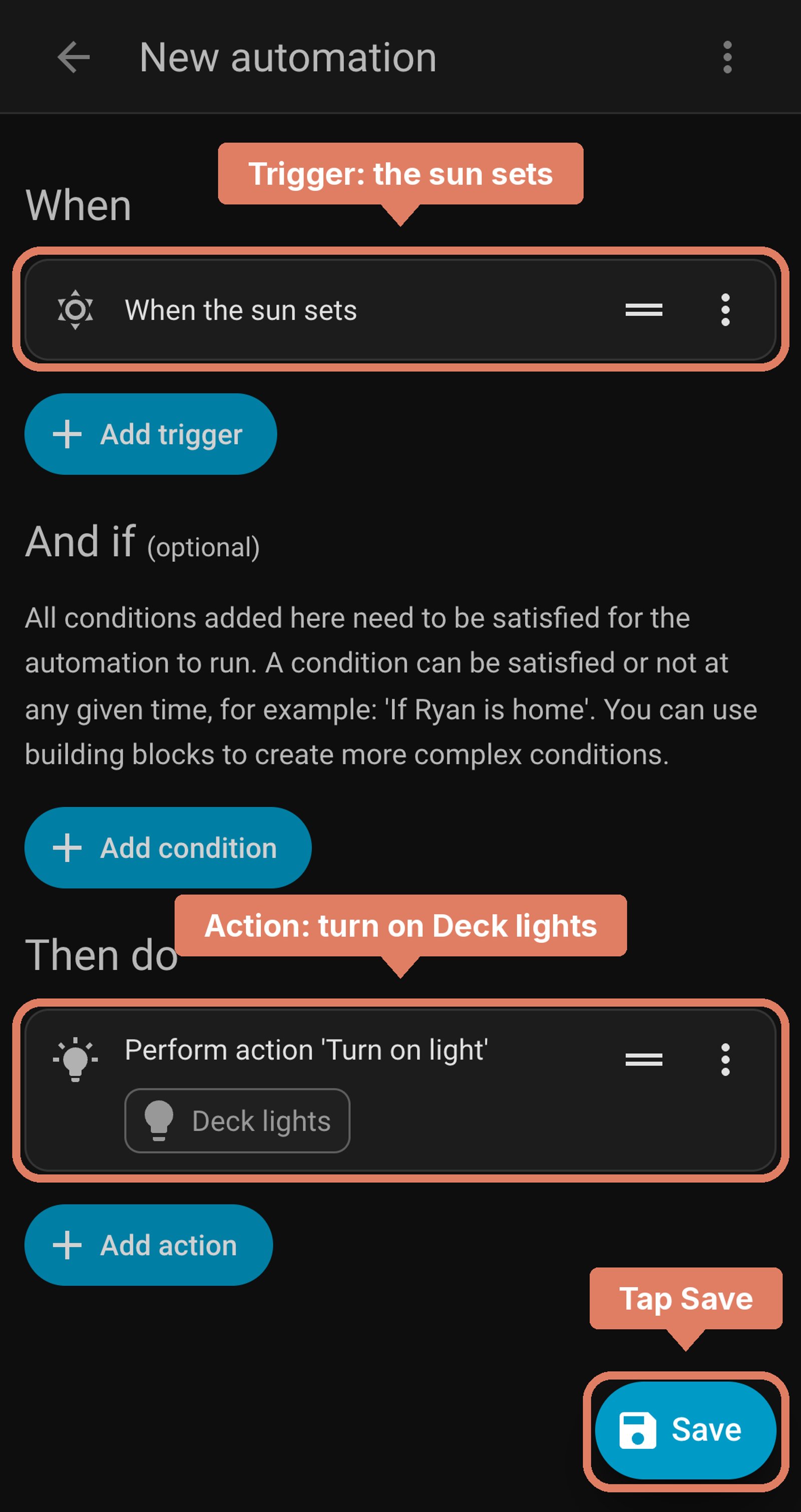 Home Assistant new automation before saving: when the sun sets, turn on Deck lights, with the trigger and action labelled and Save marked.