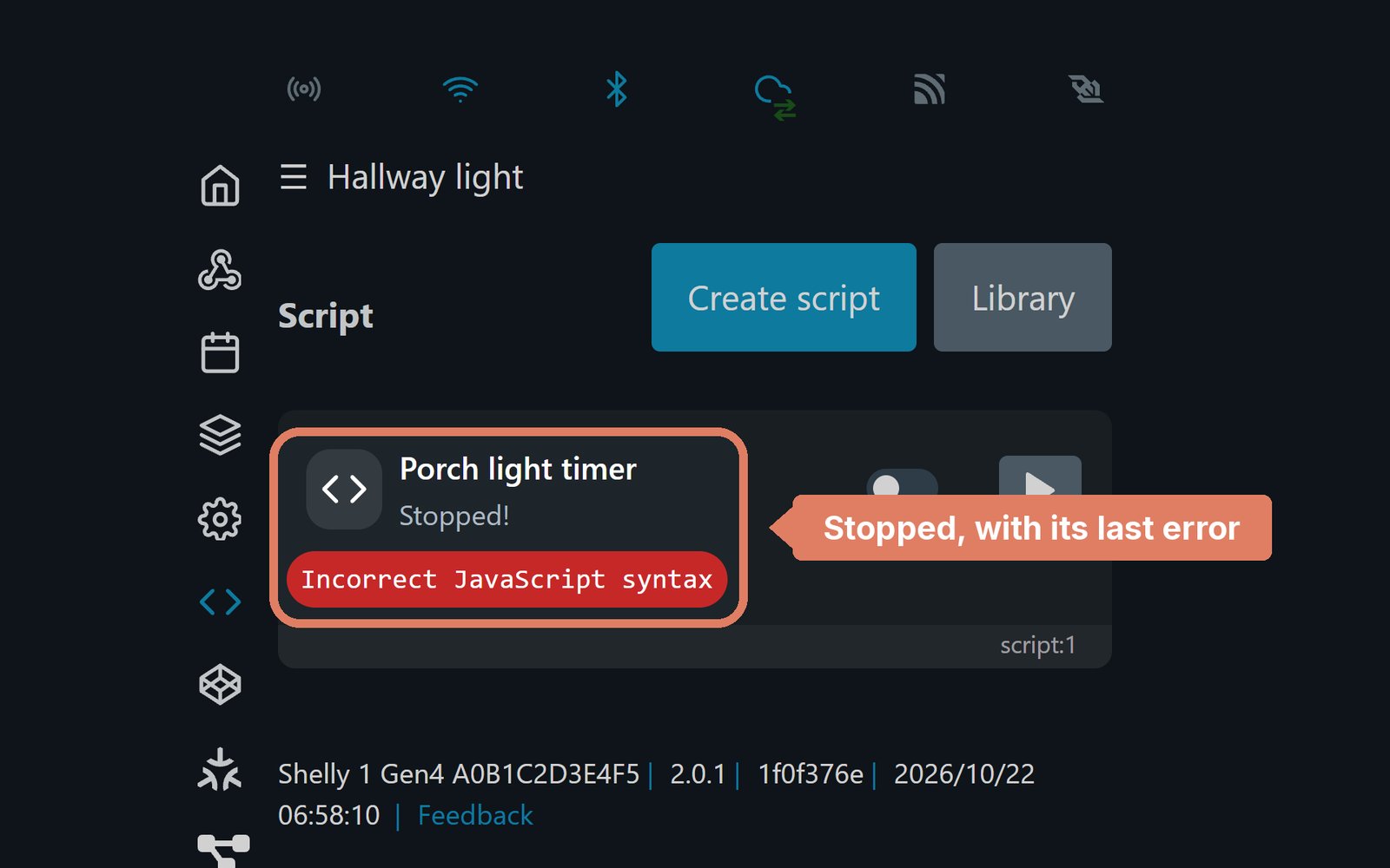 The Shelly web page's Scripts list, with a script showing Stopped and Incorrect JavaScript syntax marked