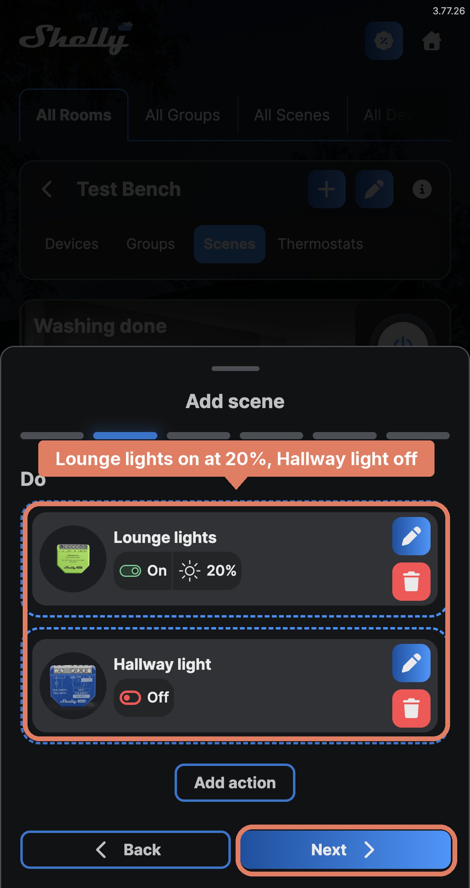 Shelly app scene Do step with Lounge lights on at 20% and Hallway light off, and Next marked.