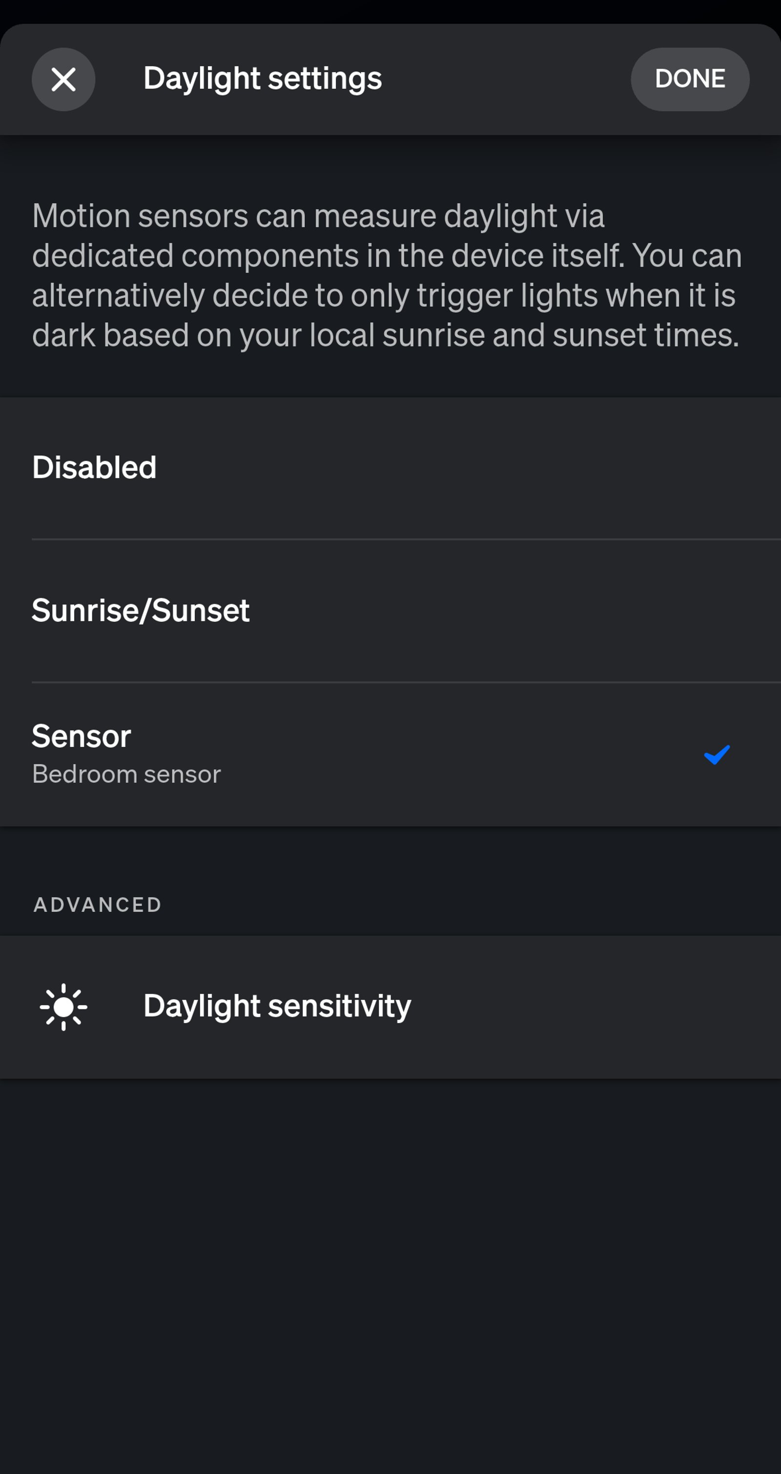 Philips Hue app Daylight settings for a motion sensor, with Sensor chosen so the Bedroom sensor measures daylight itself.