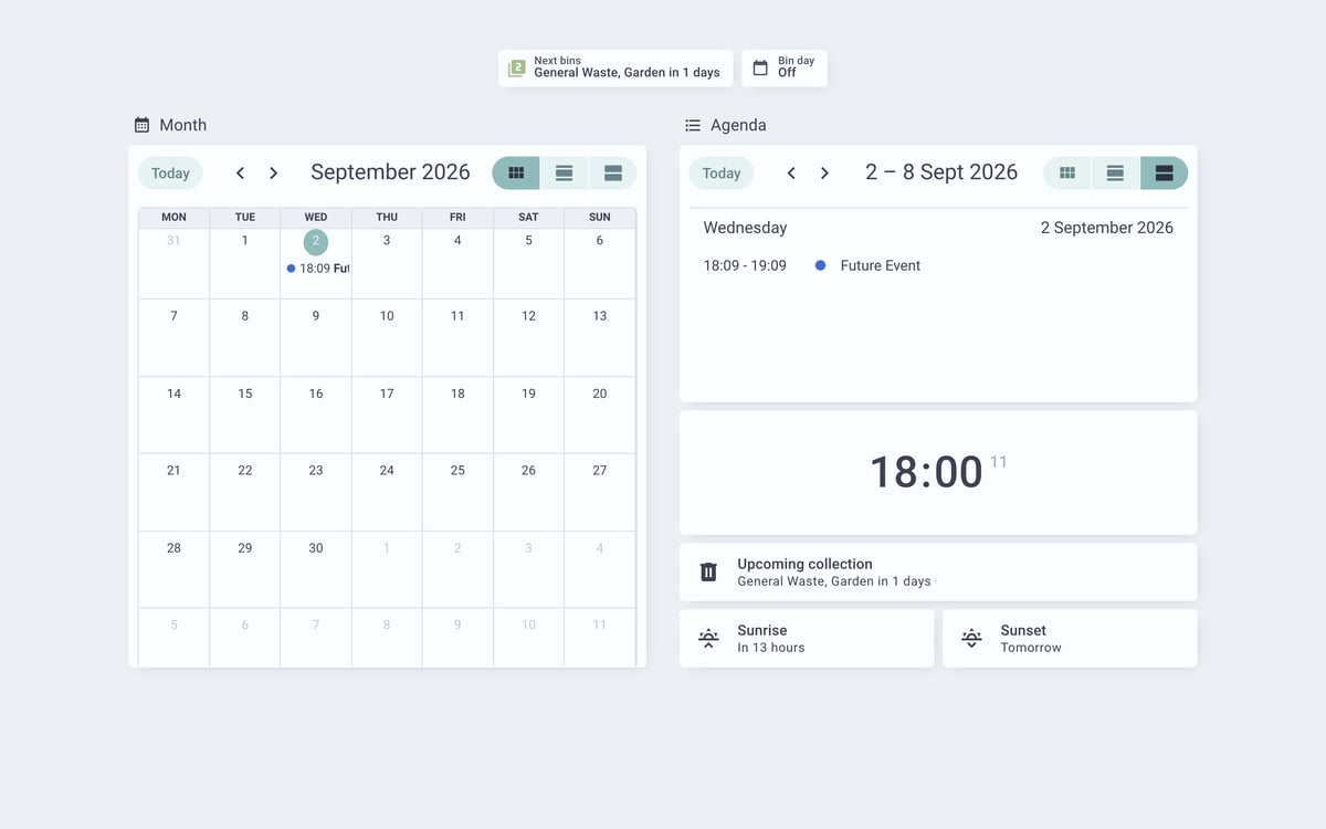 Home Assistant calendar lab dashboard running the Nordic theme (Light), on desktop