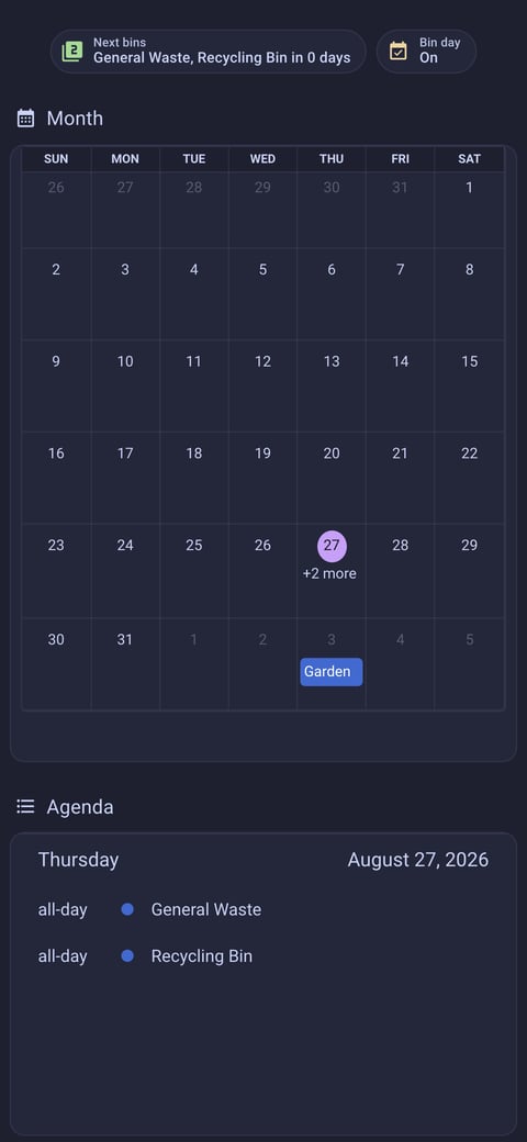 Home Assistant calendar lab dashboard running the Catppuccin theme (Macchiato), on a phone