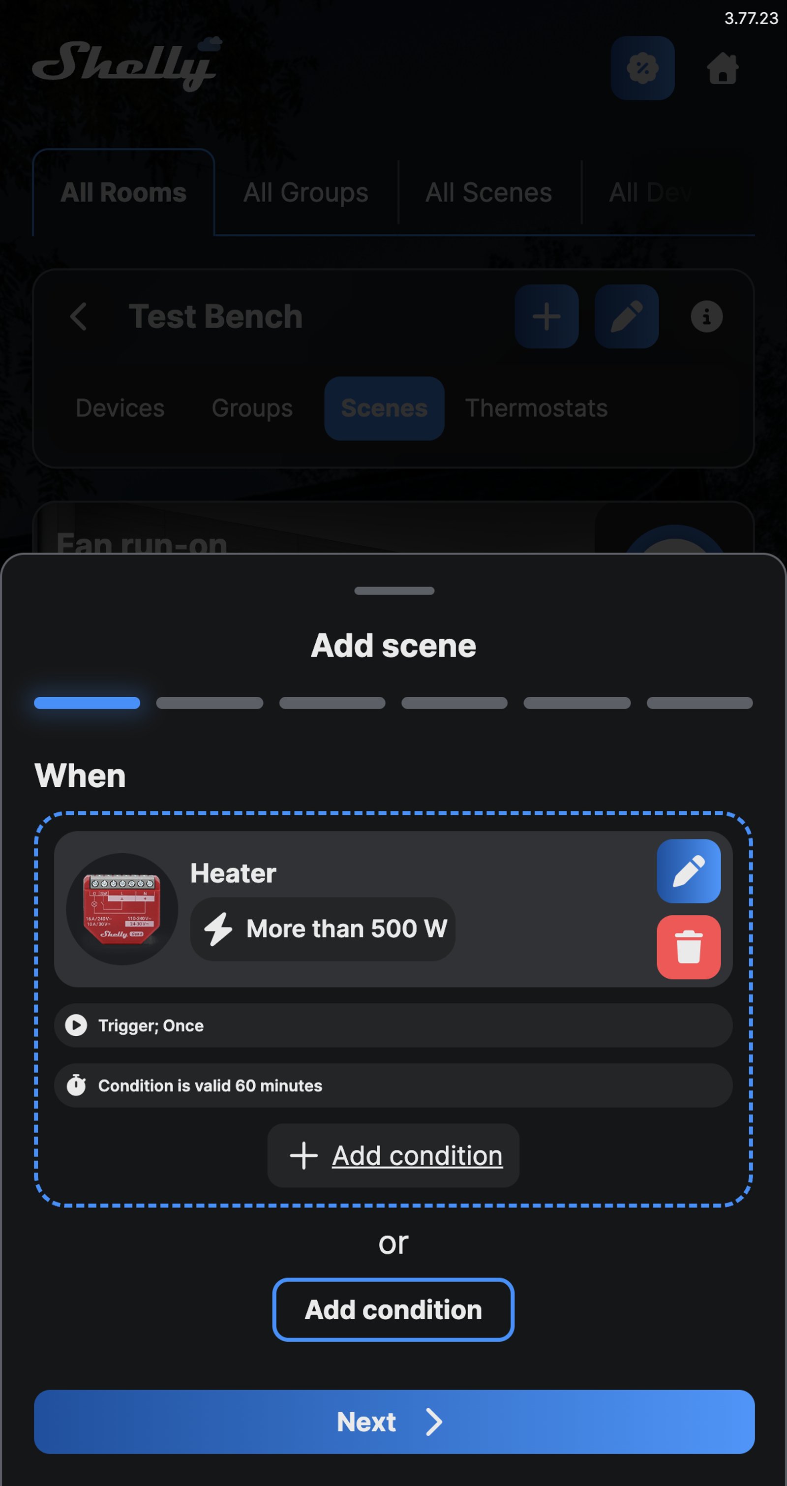 Shelly app scene condition for Heater: more than 500 W, trigger once, condition valid for 60 minutes.