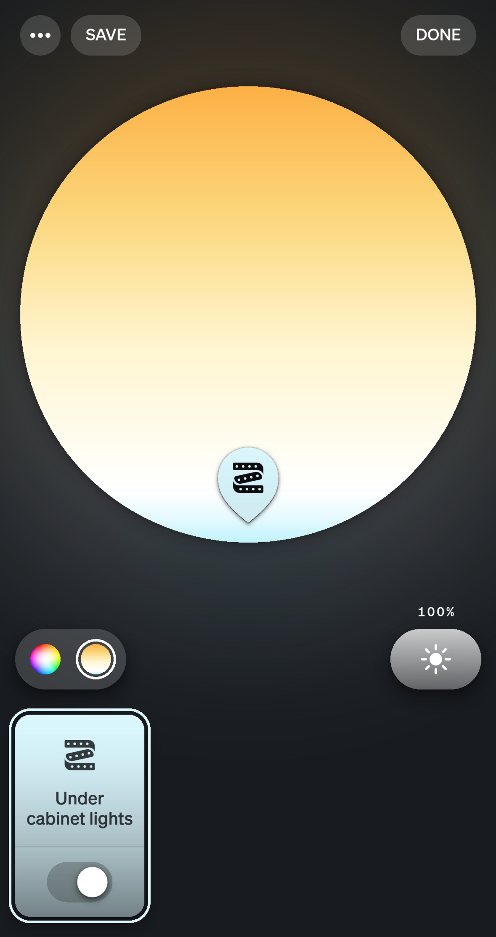 Philips Hue app white picker for Under cabinet lights, set to a cool white at 100%.