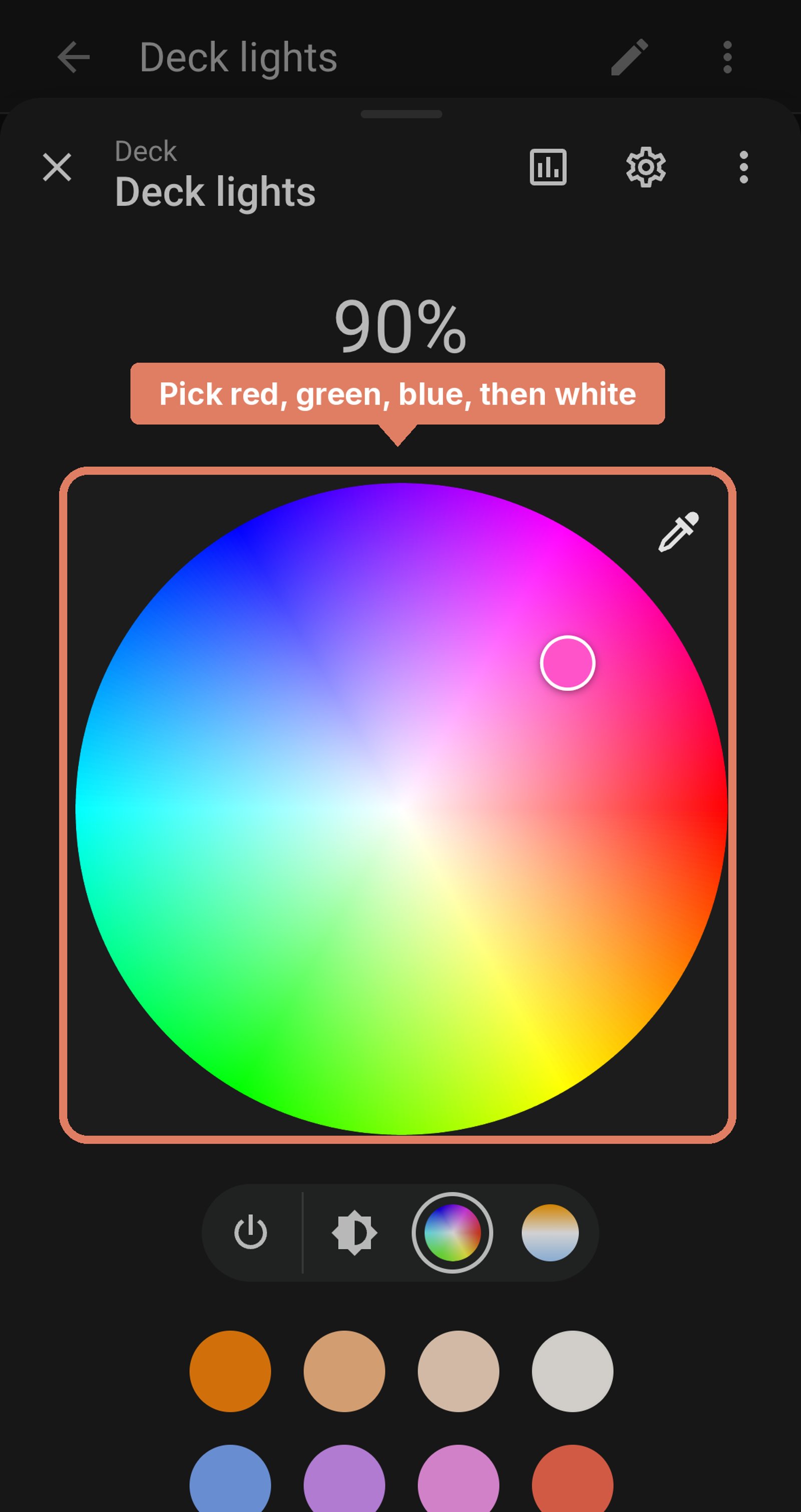 Home Assistant colour wheel for Deck lights, labelled to pick red, green, blue then white.