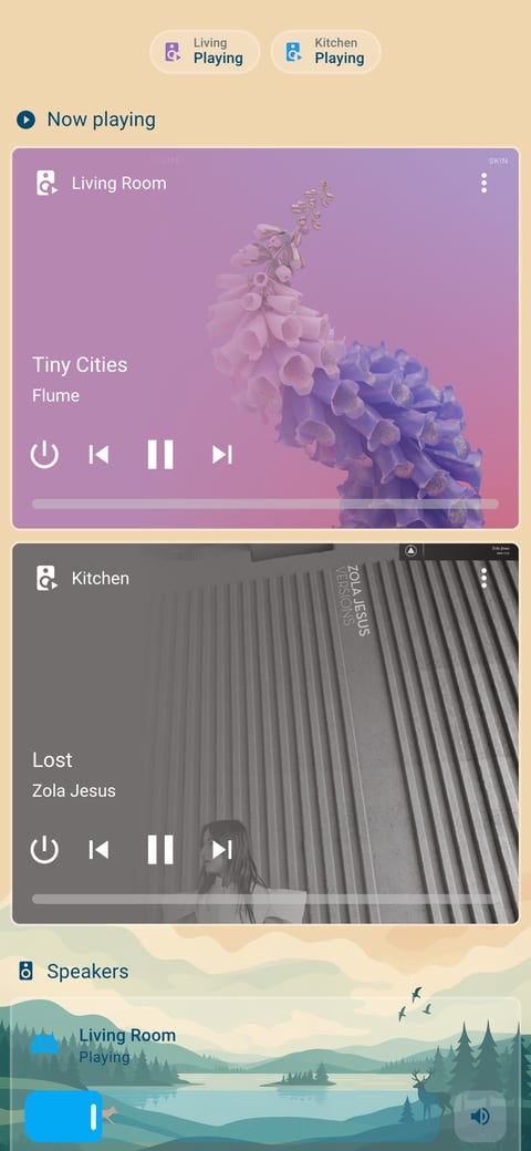 Home Assistant media lab dashboard running the Simple Dreams theme (Light), on a phone