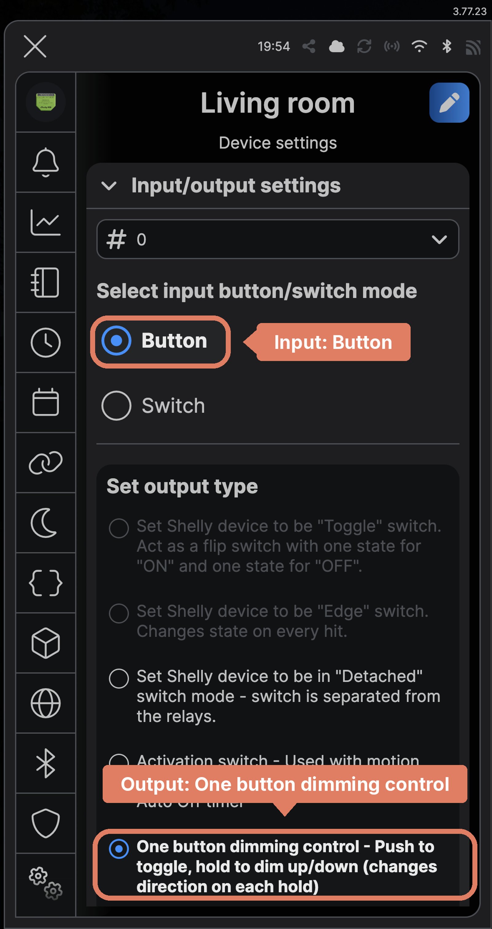 Shelly app Input/output settings for a Shelly Dimmer Gen4 named Living room, with Button and One button dimming control labelled.