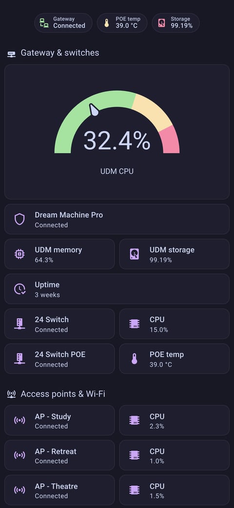 Home Assistant network lab dashboard running the Catppuccin theme (Mocha), on a phone