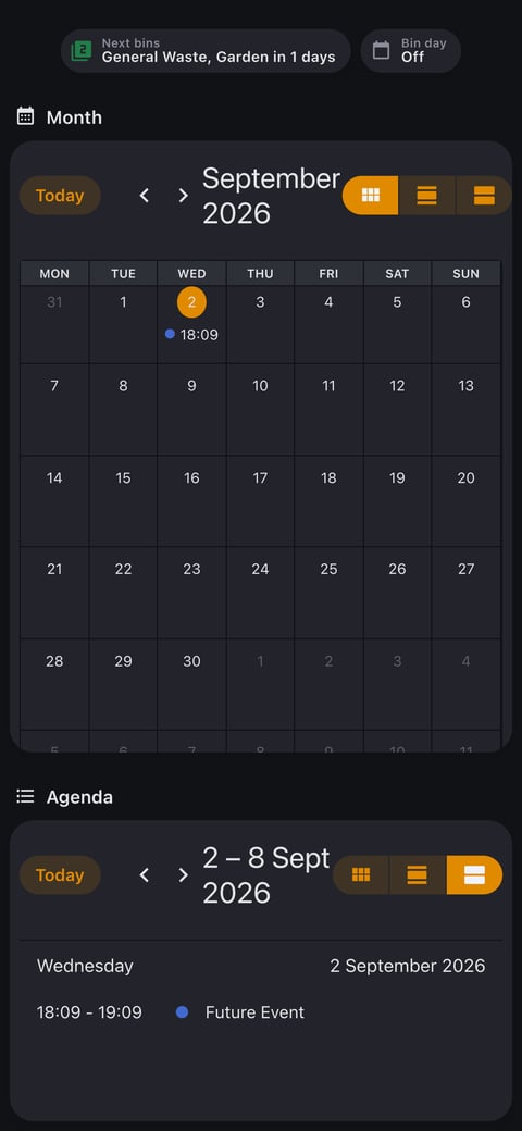Home Assistant calendar lab dashboard running the Graphite theme (Dark), on a phone