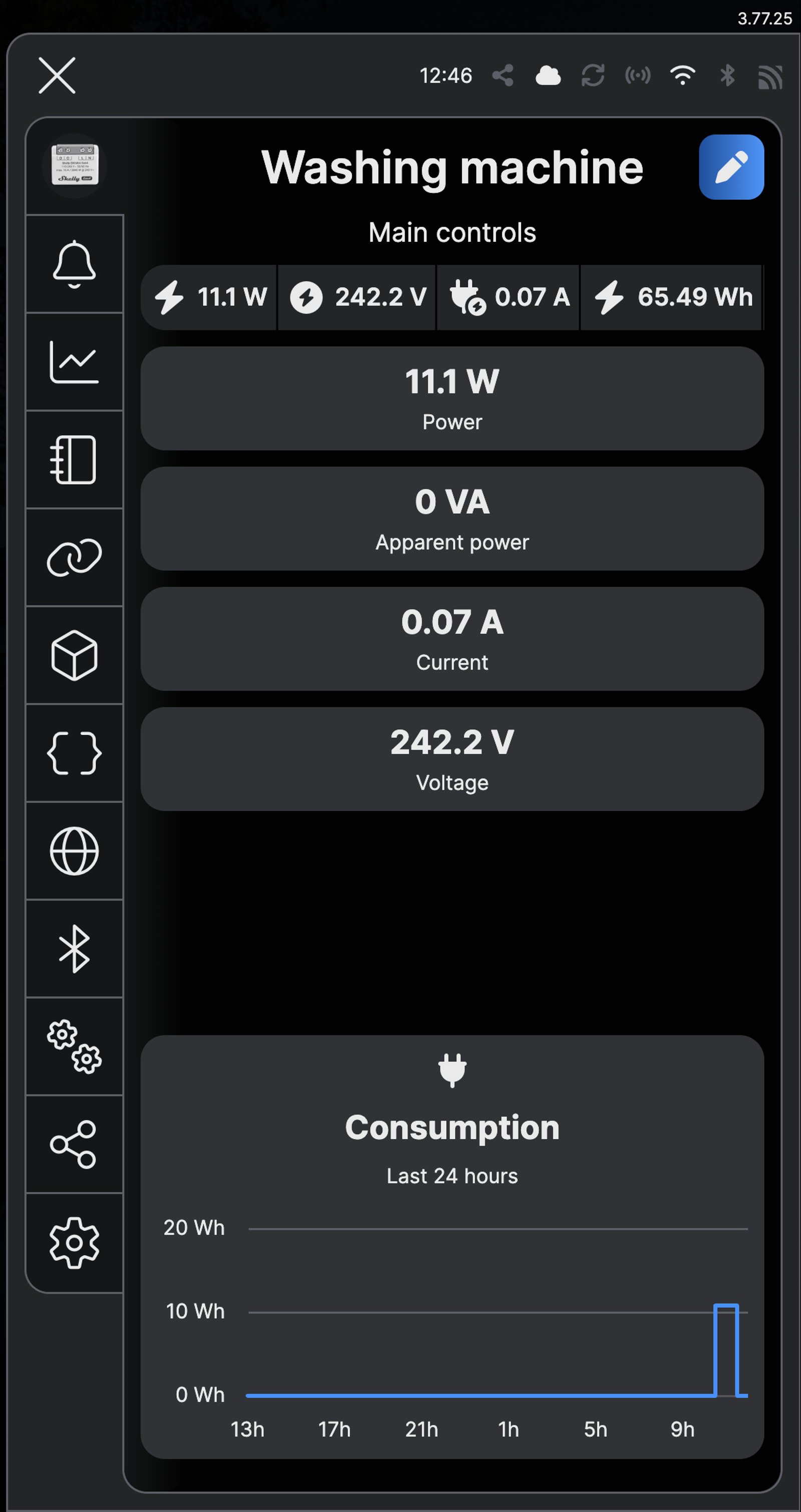Shelly app main controls for a meter named Washing machine, reading 11.1 W with the load finished.