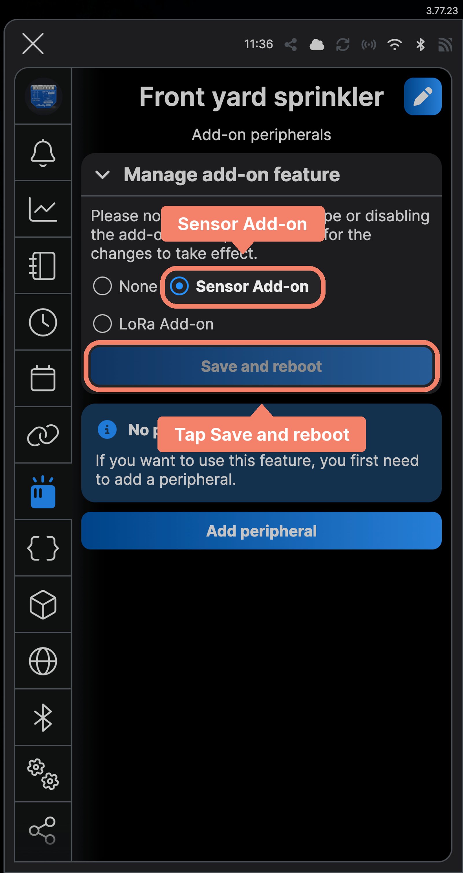 Shelly app Add-on peripherals for a Shelly 1 Gen4 named Front yard sprinkler, with Sensor Add-on labelled and Save and reboot marked.